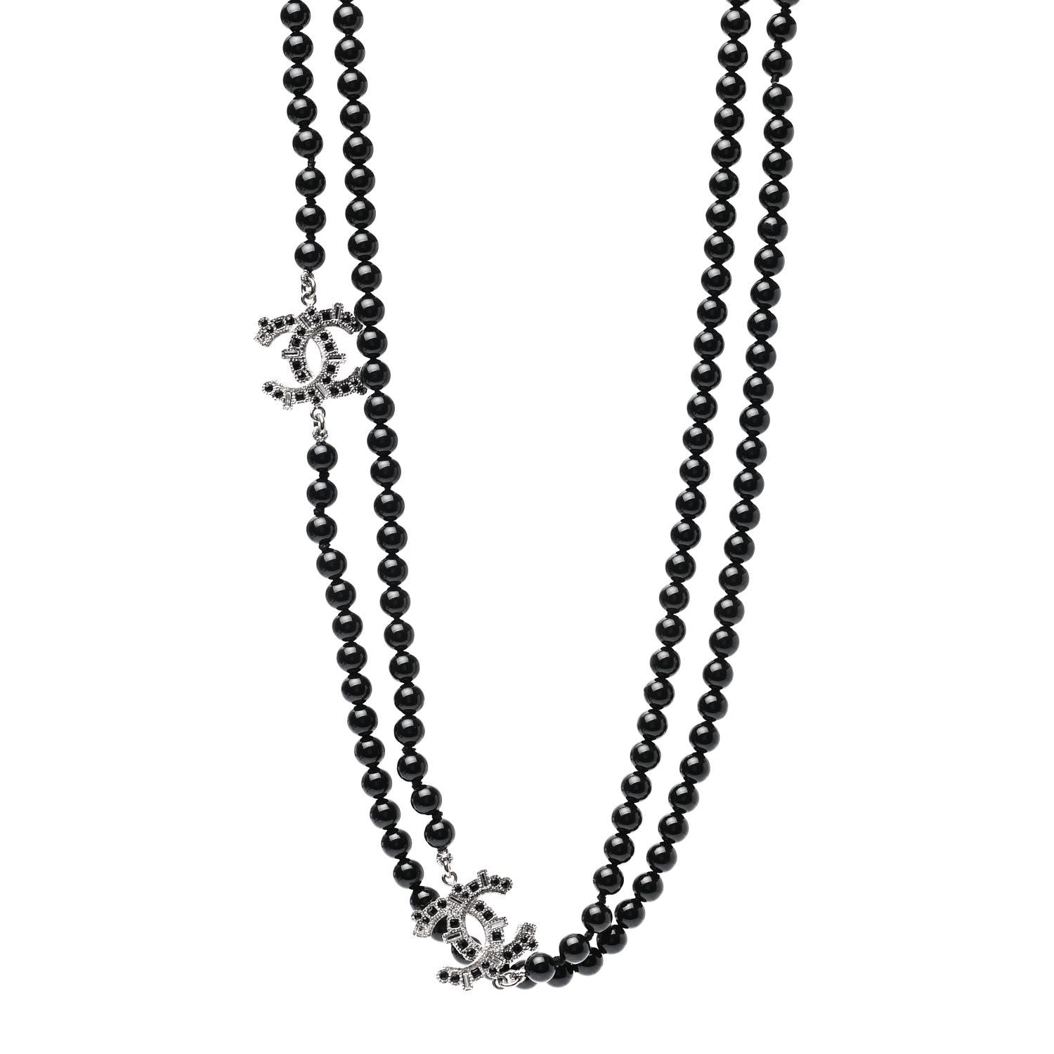 Chanel Baguette Crystal Beaded CC Long Necklace Black Silver 1 of 5