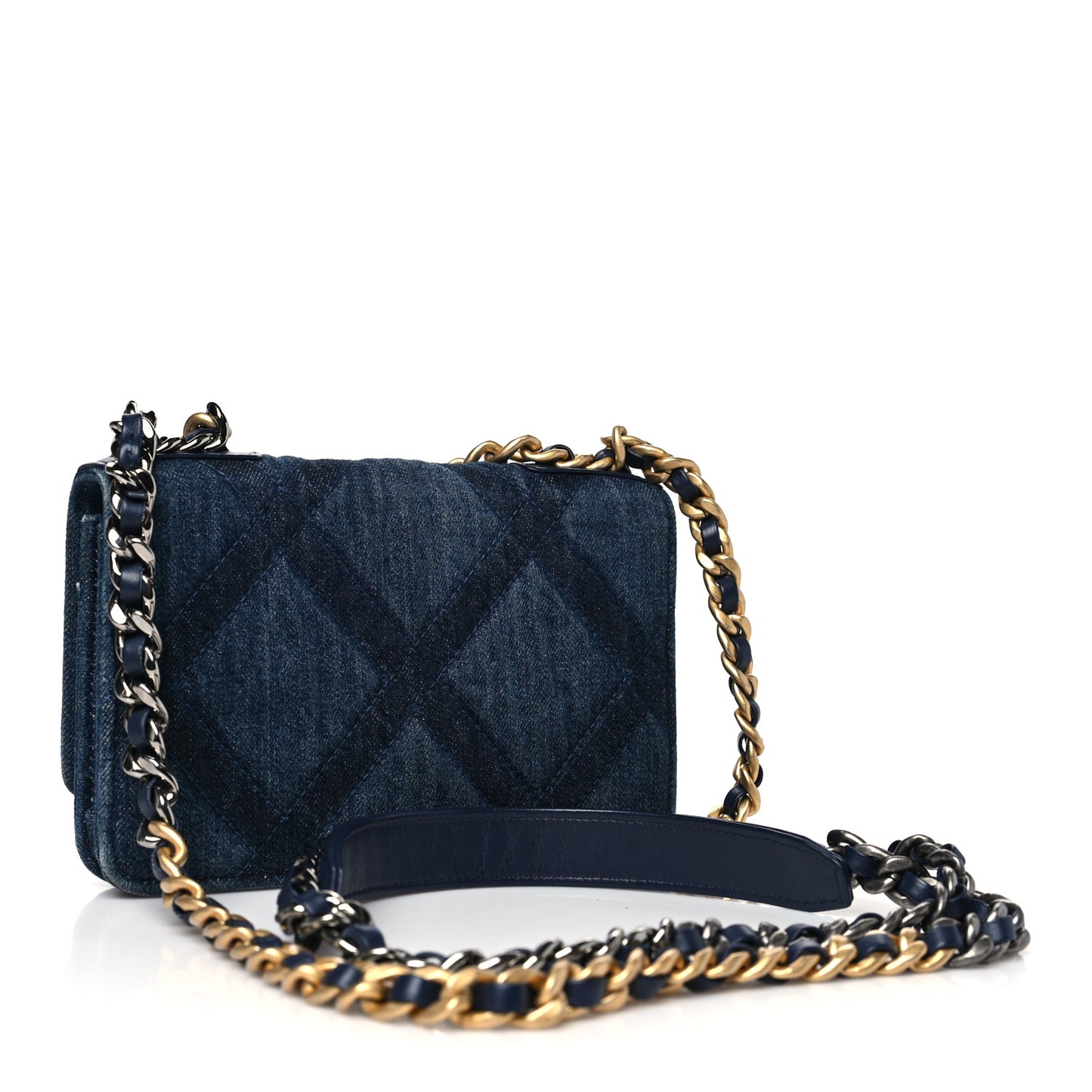 Denim Quilted Chanel 19 Wallet On Chain WOC Blue