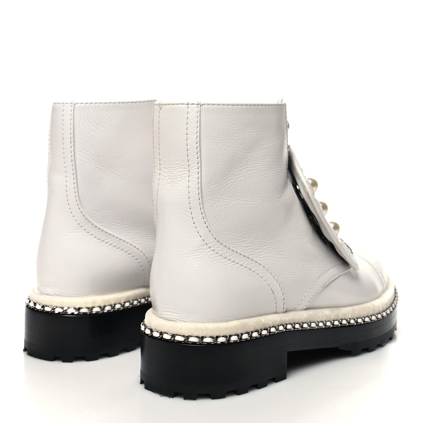 Crackled Calfskin Pearl Chain CC Combat Short Boots 35.5 White