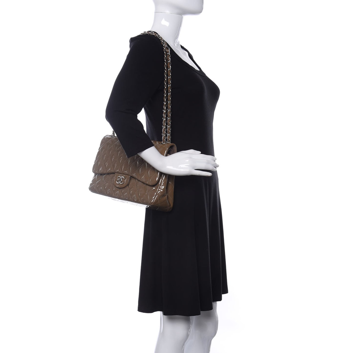 Patent Quilted Jumbo Double Flap Dark Beige