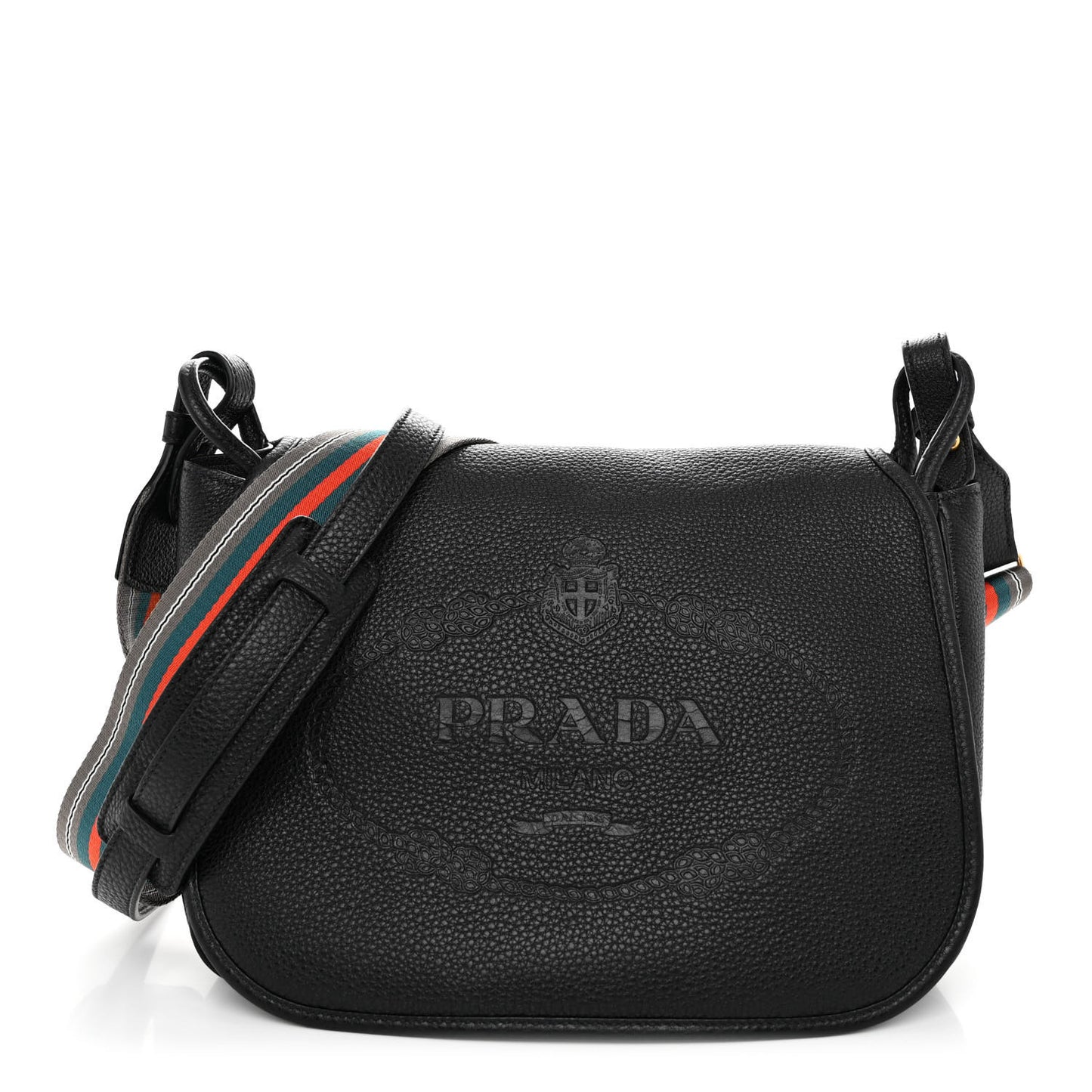 Vitello Daino Embossed Logo Flap Shoulder Bag Black