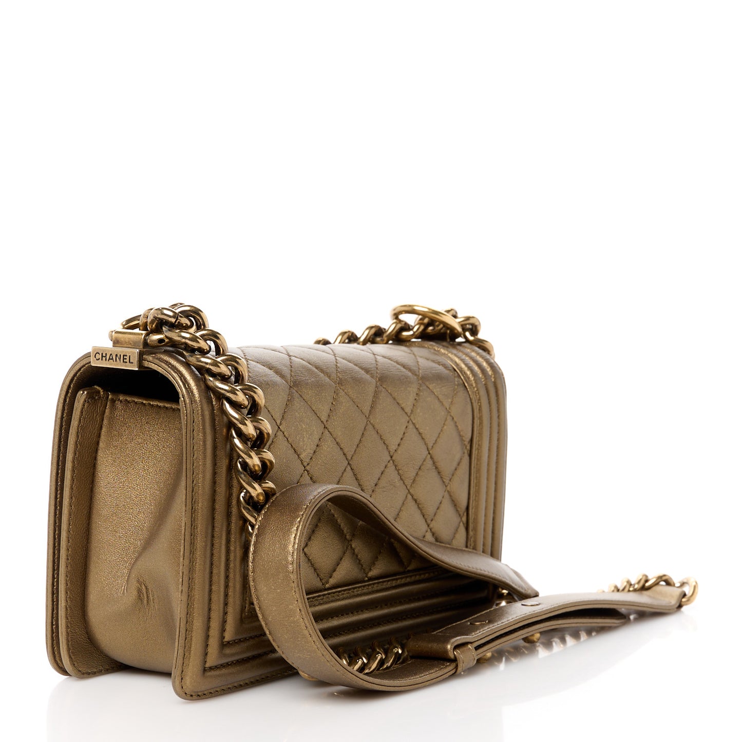 Metallic Calfskin Quilted Small Boy Flap Gold