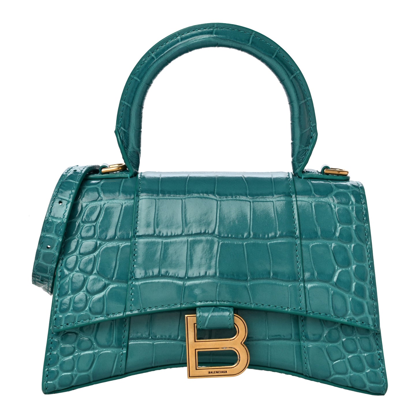 Shiny Calfskin Crocodile Embossed Hourglass Top Handle Bag XS Dark Turquoise