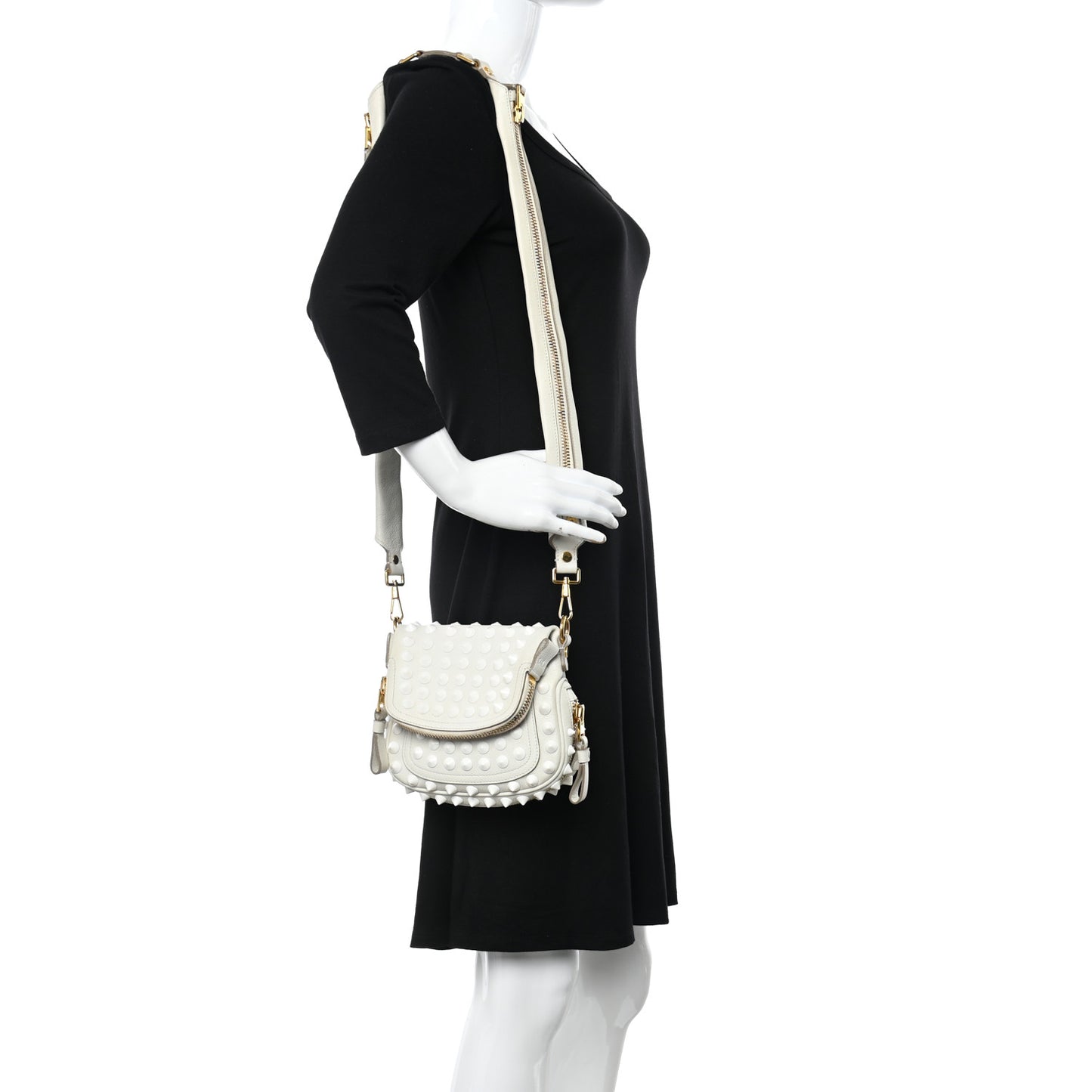 Pebbled Calfskin Studded Mini Jennifer Crossbody White