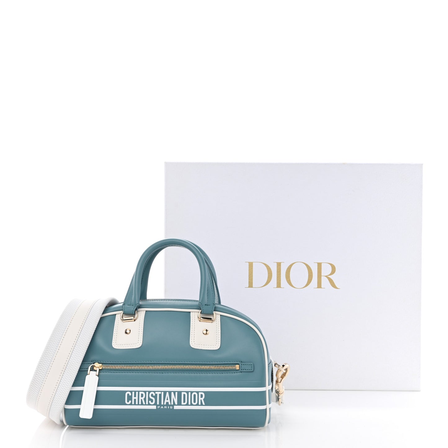Calfskin Small Dior Vibe Zip Bowling Bag Turquoise