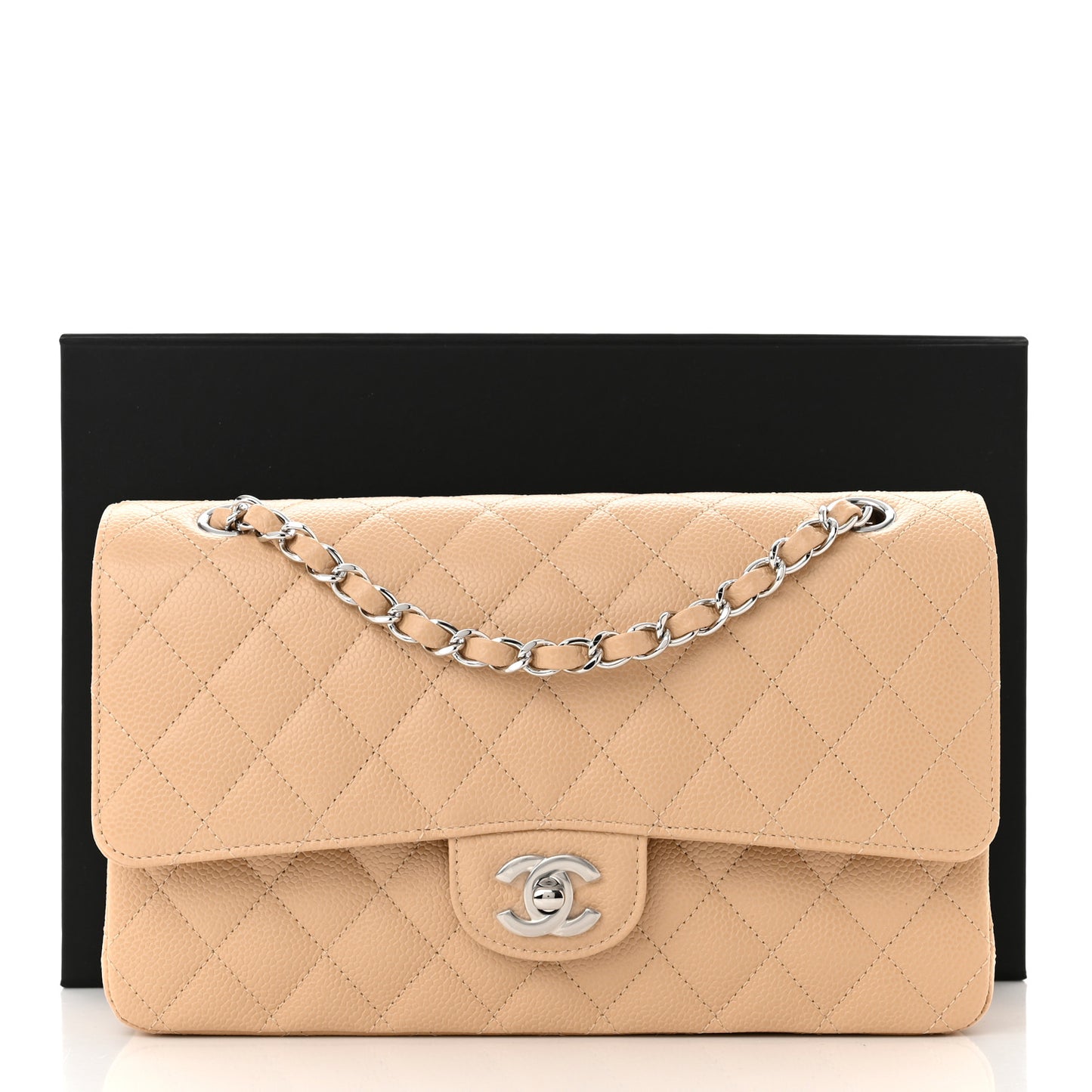 Caviar Quilted Medium Double Flap Beige
