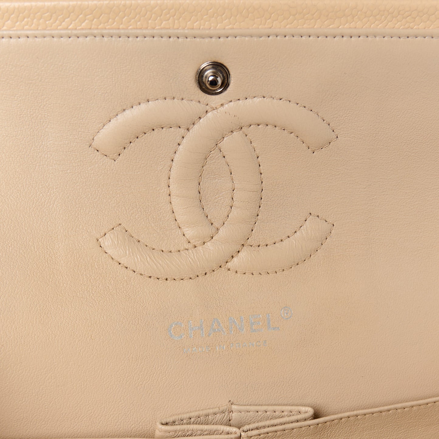 Caviar Quilted Medium Double Flap Beige