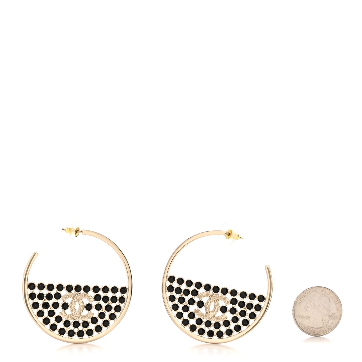 Metal Crystal CC Hoop Earrings Gold Black
