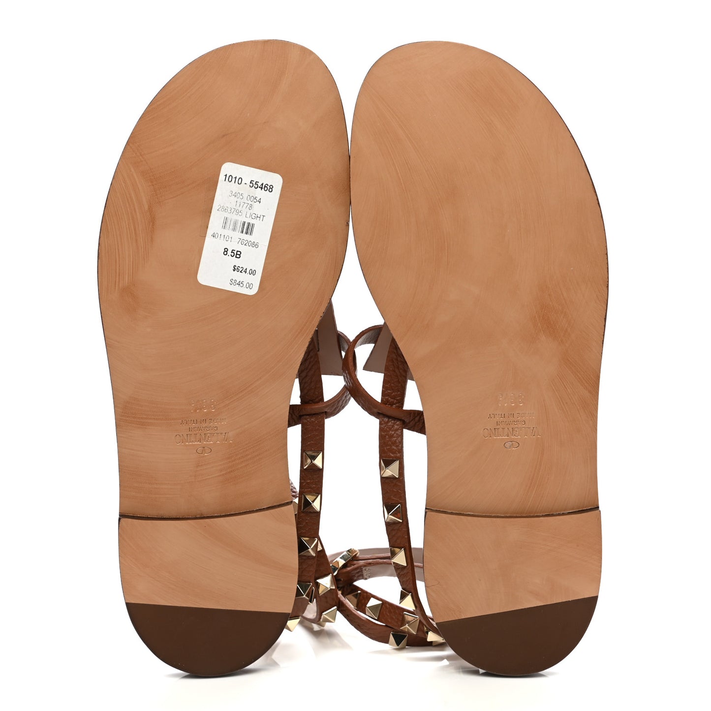 Pebbled Calfskin Rockstud Ankle Wrap Flat Thong Sandals 38.5 Light Cuir