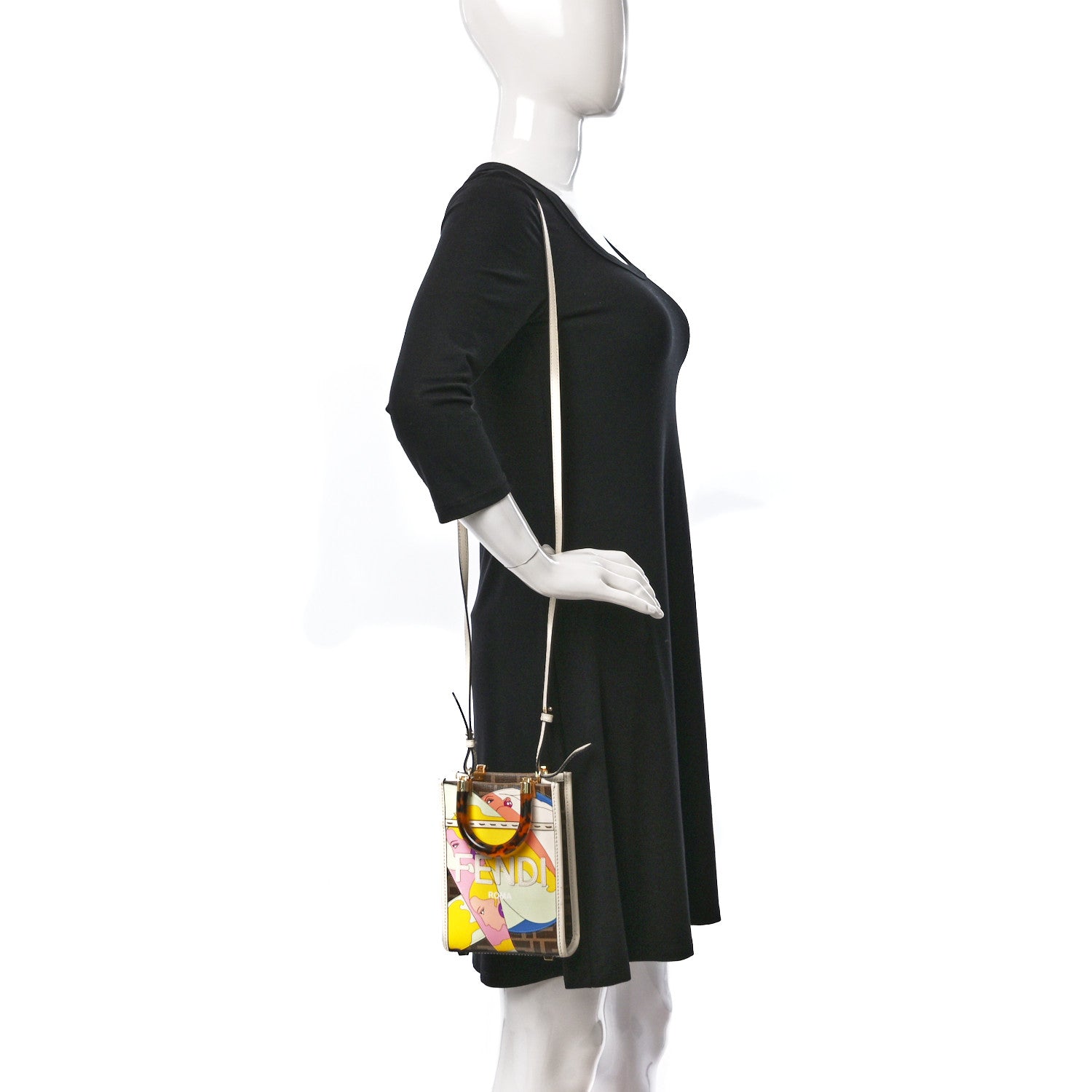 Fendi Glazed Fabric Vitello King Plexiglass FF 1974 Logo Hairdo Girls Inlay Mini Fendi Sunshine Shopper Tote Mogano Panna Multicolor 2 of 15