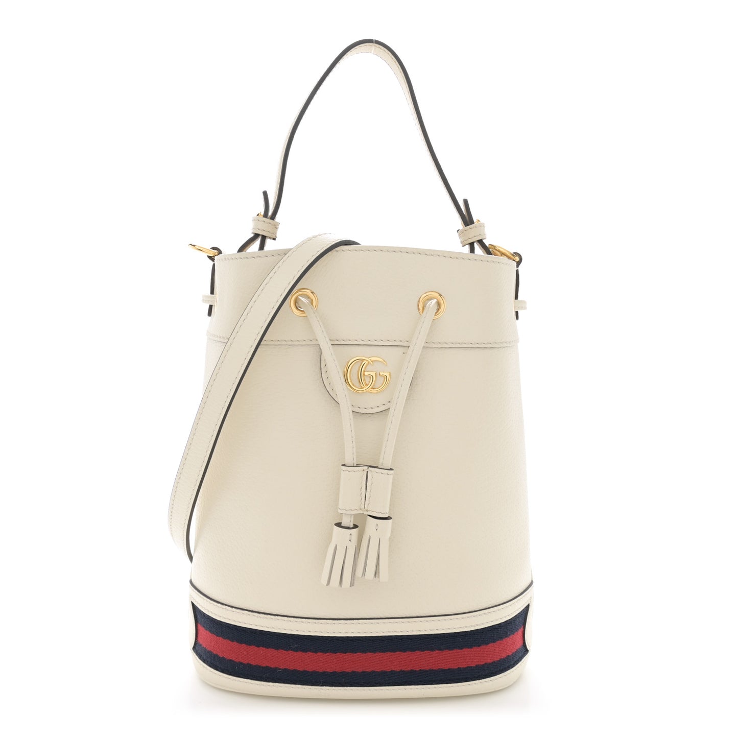 Glazed Textured Calfskin Web Small Ophidia Bucket Bag Mystic White