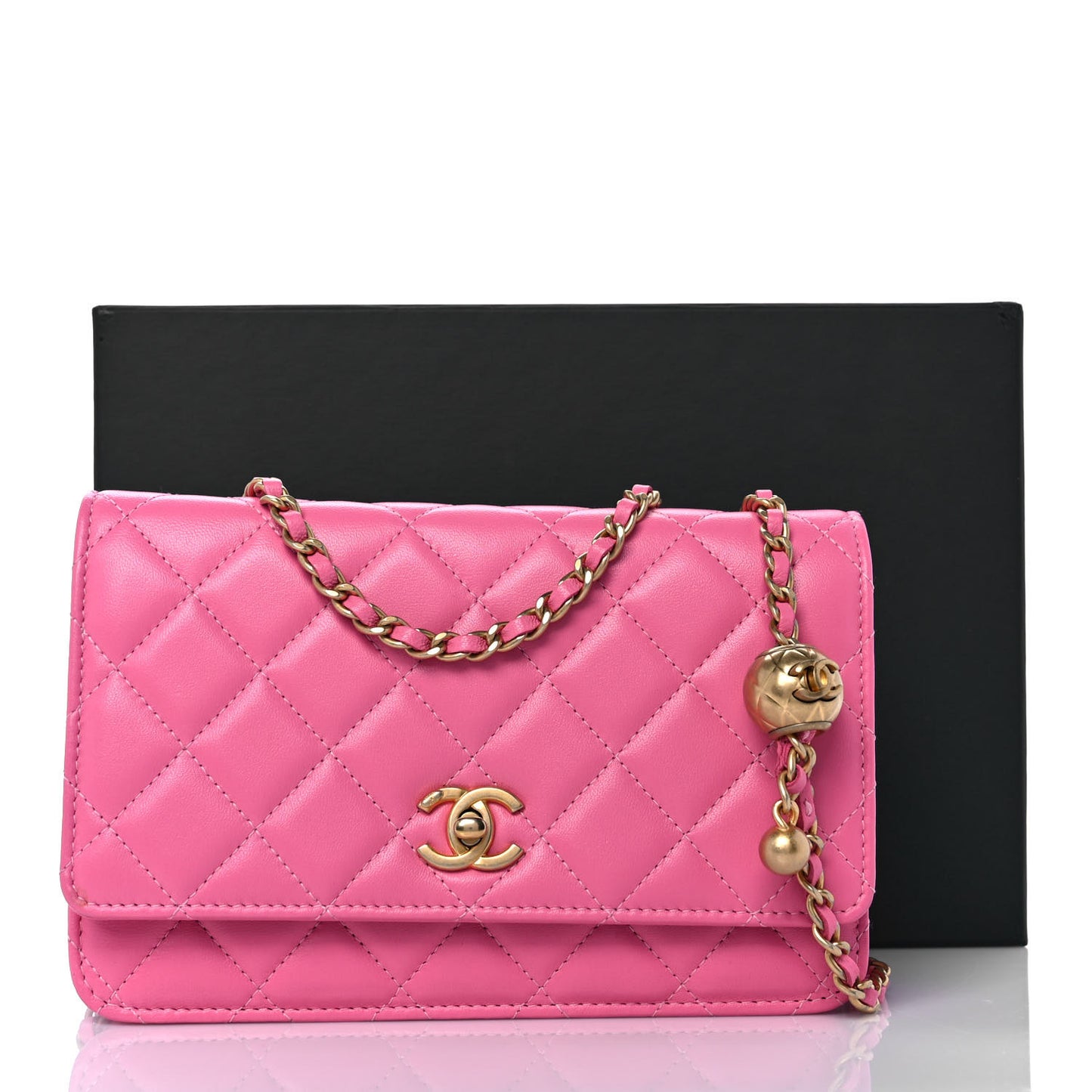 Lambskin Quilted CC Pearl Crush Wallet on Chain WOC Pink