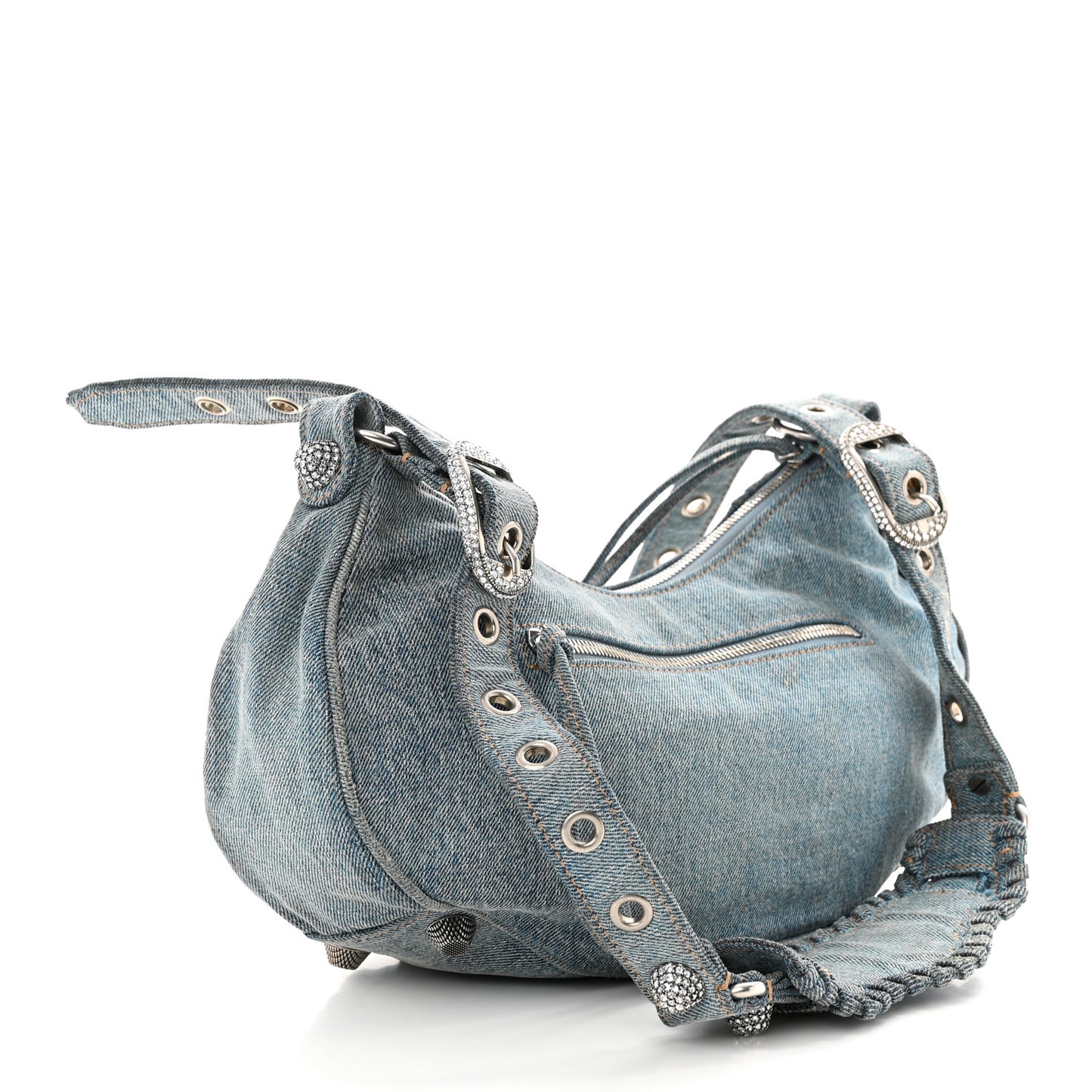 Washed Frayed Denim Crystal Small Le Cagole Shoulder Bag Blue