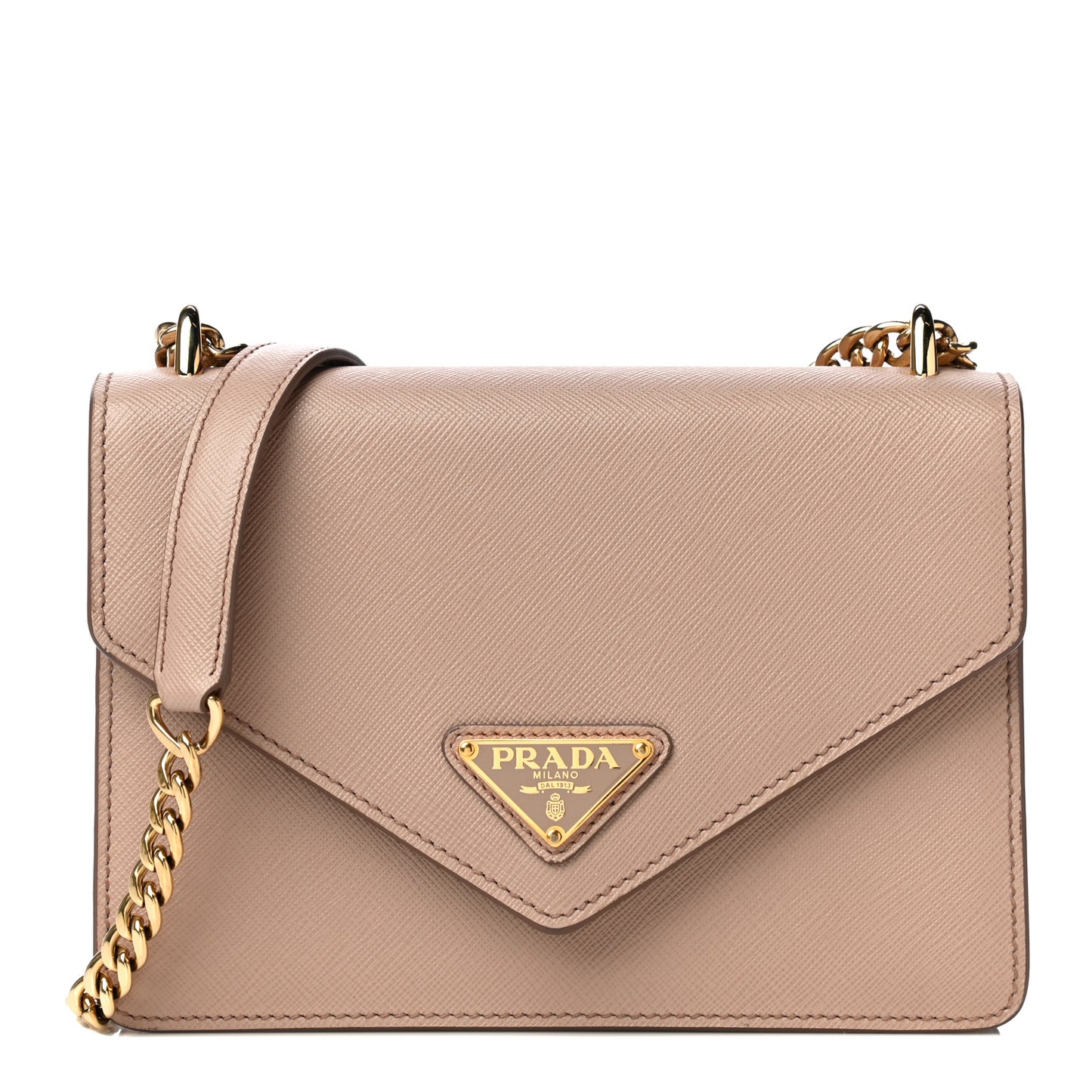 Saffiano Soft Calfskin Metal Triangle Logo Envelope Chain Shoulder Bag Cammeo
