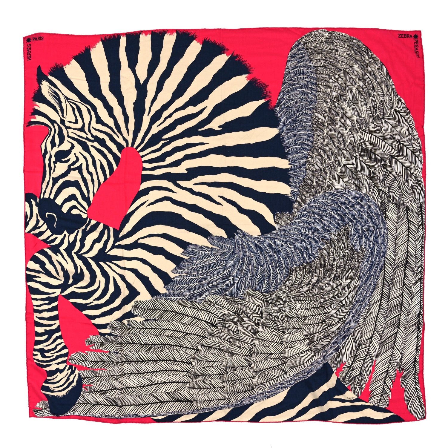 Hermes Cashmere Silk Zebra Pegasus Shawl 140 Rose Vif Marine Ivoire 1 of 3