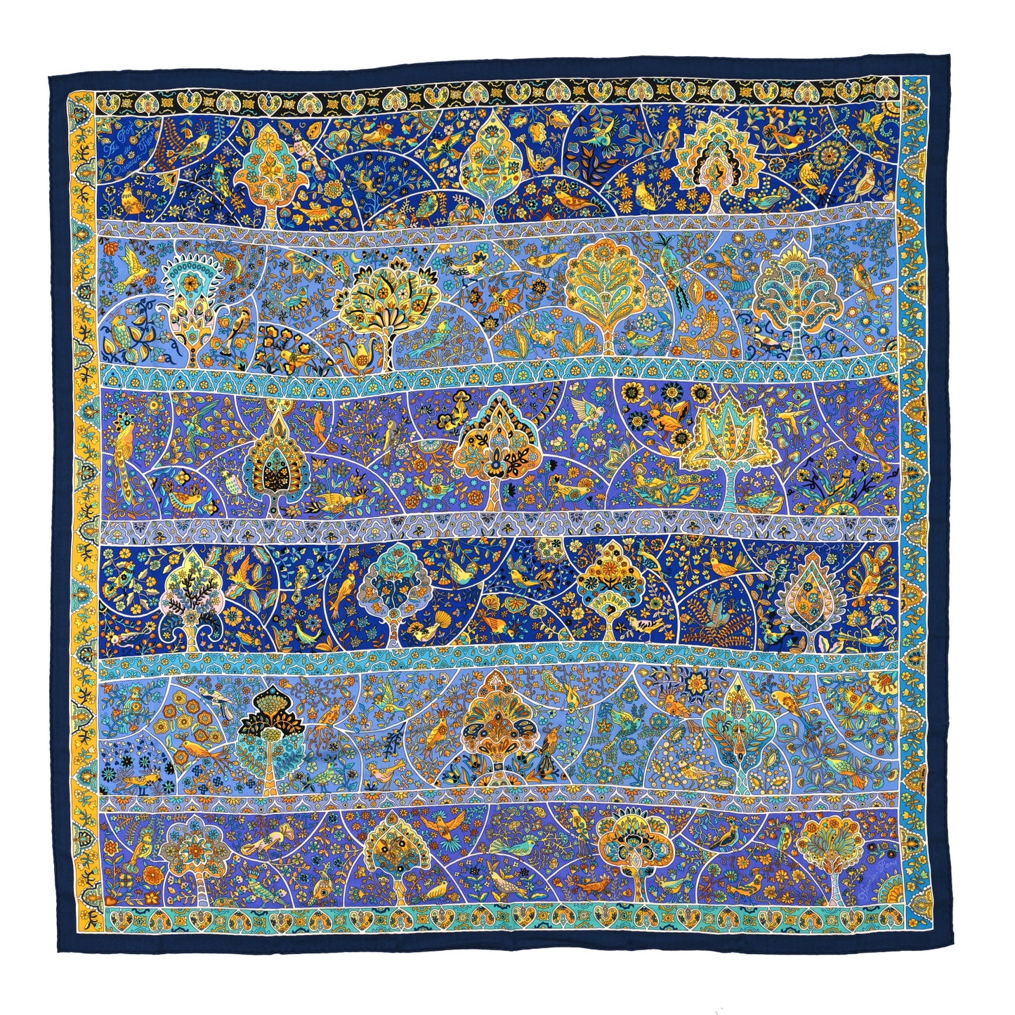Cashmere Silk Au Pays Des Oiseaux Fleurs Shawl 140 Marine Turquoise Jaune
