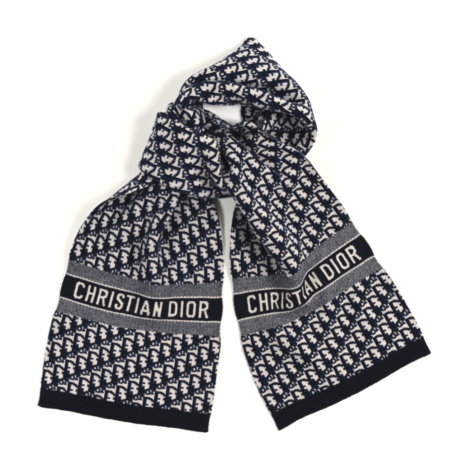 Christian Dior Wool Cashmere Oblique Scarf Beige Blue Black