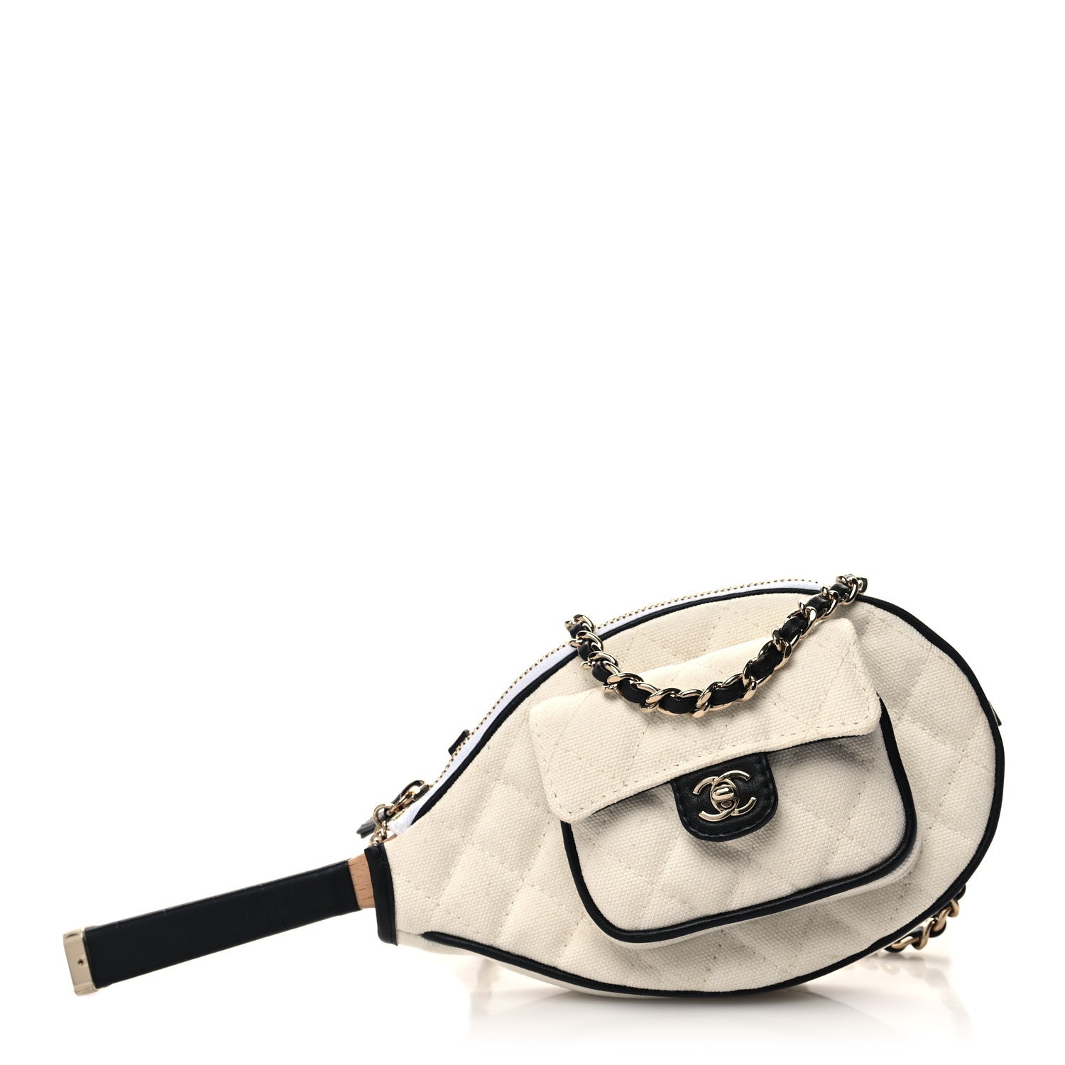 Chanel Canvas Calfskin Tennis Racket Clutch With Chain White Black