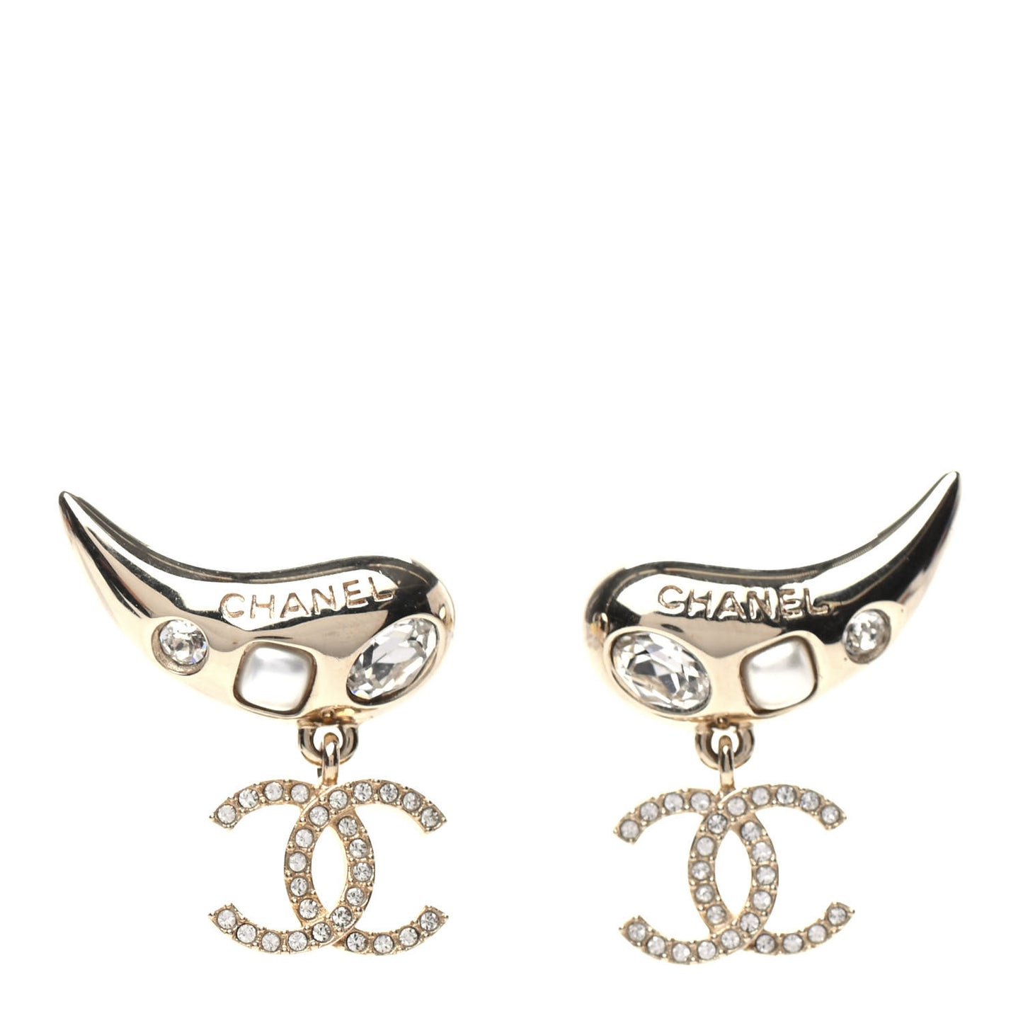 Crystal Pearl CC Drop Earrings Gold