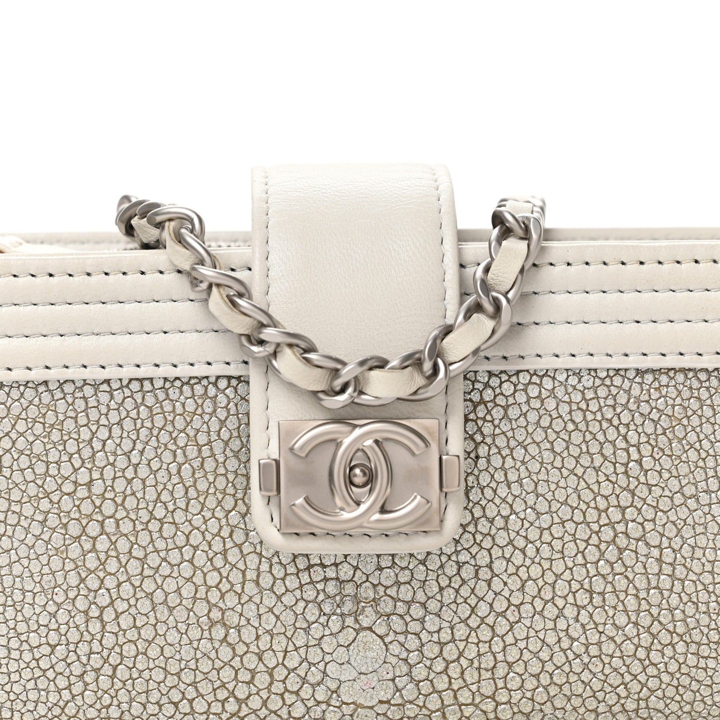 Metallic Galuchat Stingray Lambskin Mini Clutch With Removable Chain Silver
