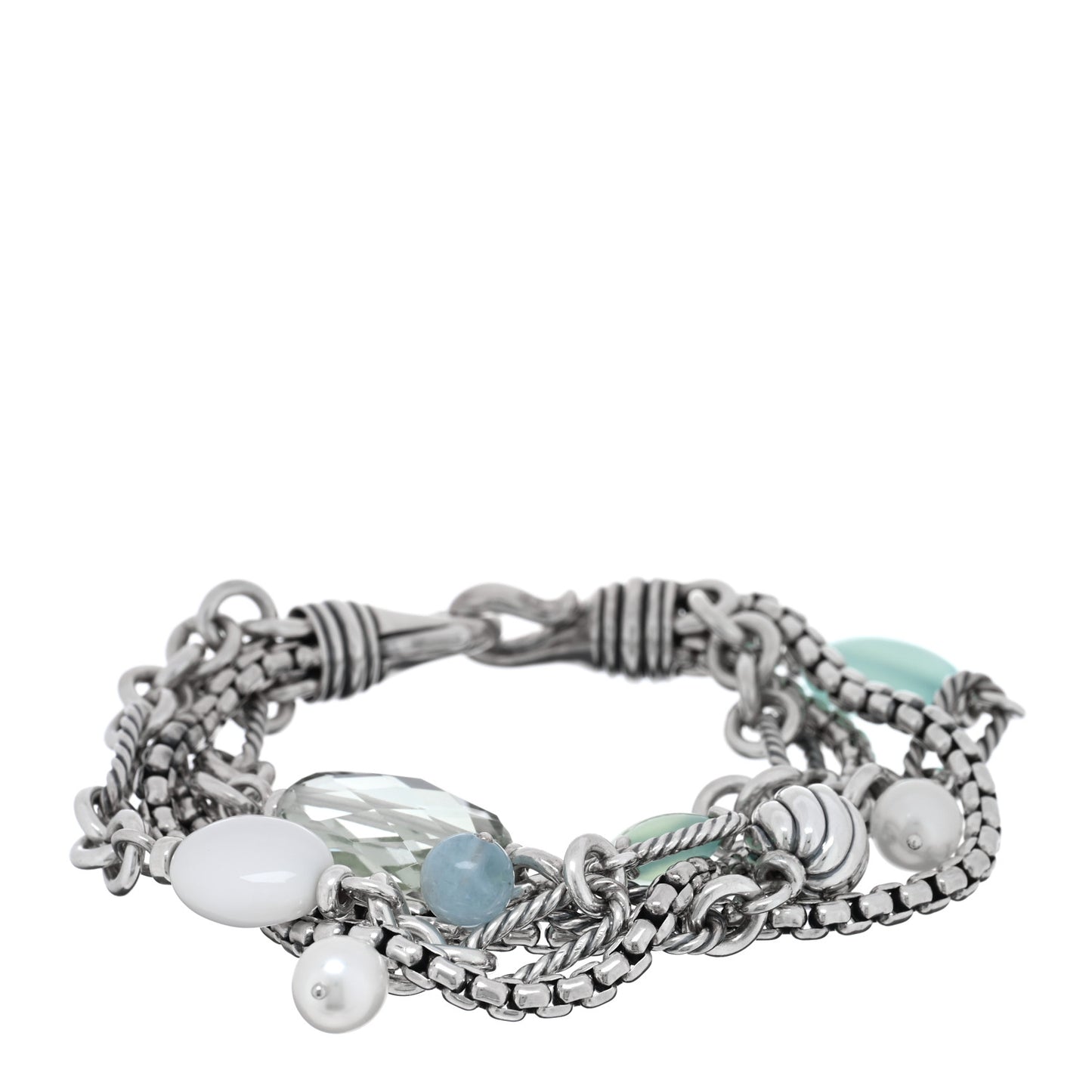 Sterling Silver Aquamarine Chalcedony Pearl Prasiolite White Agate Multi Chain Bracelet