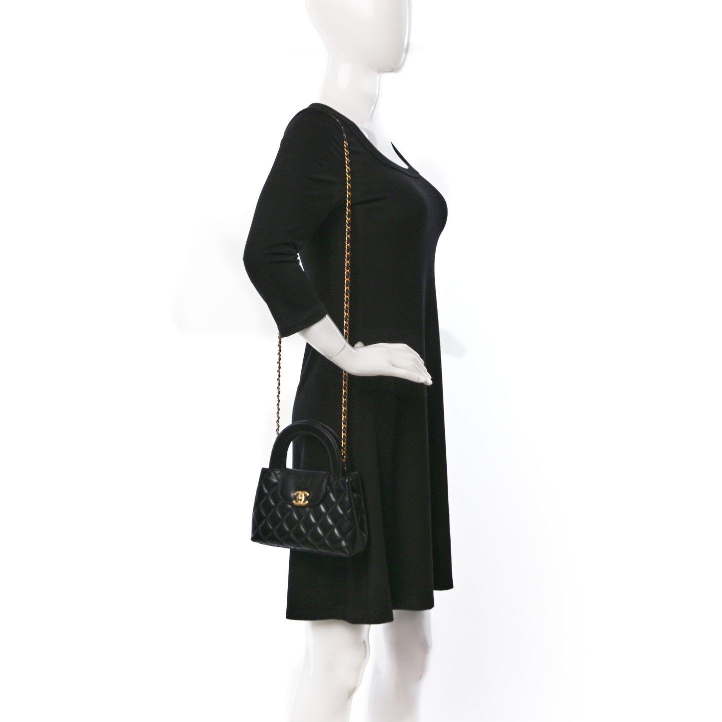 Shiny Aged Calfskin Quilted Nano Kelly Shopper Black