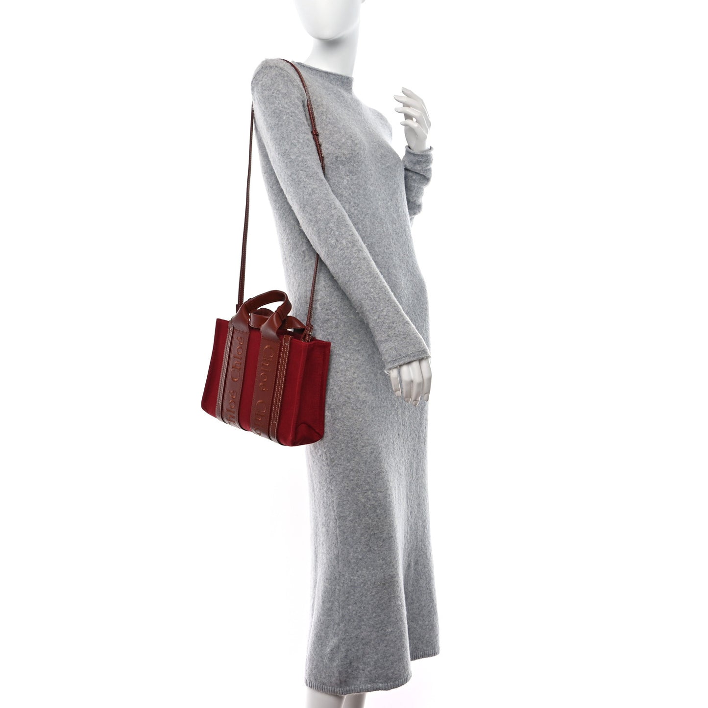 Cotton Calfskin Small Woody Ribbon Tote With Strap Dark Red