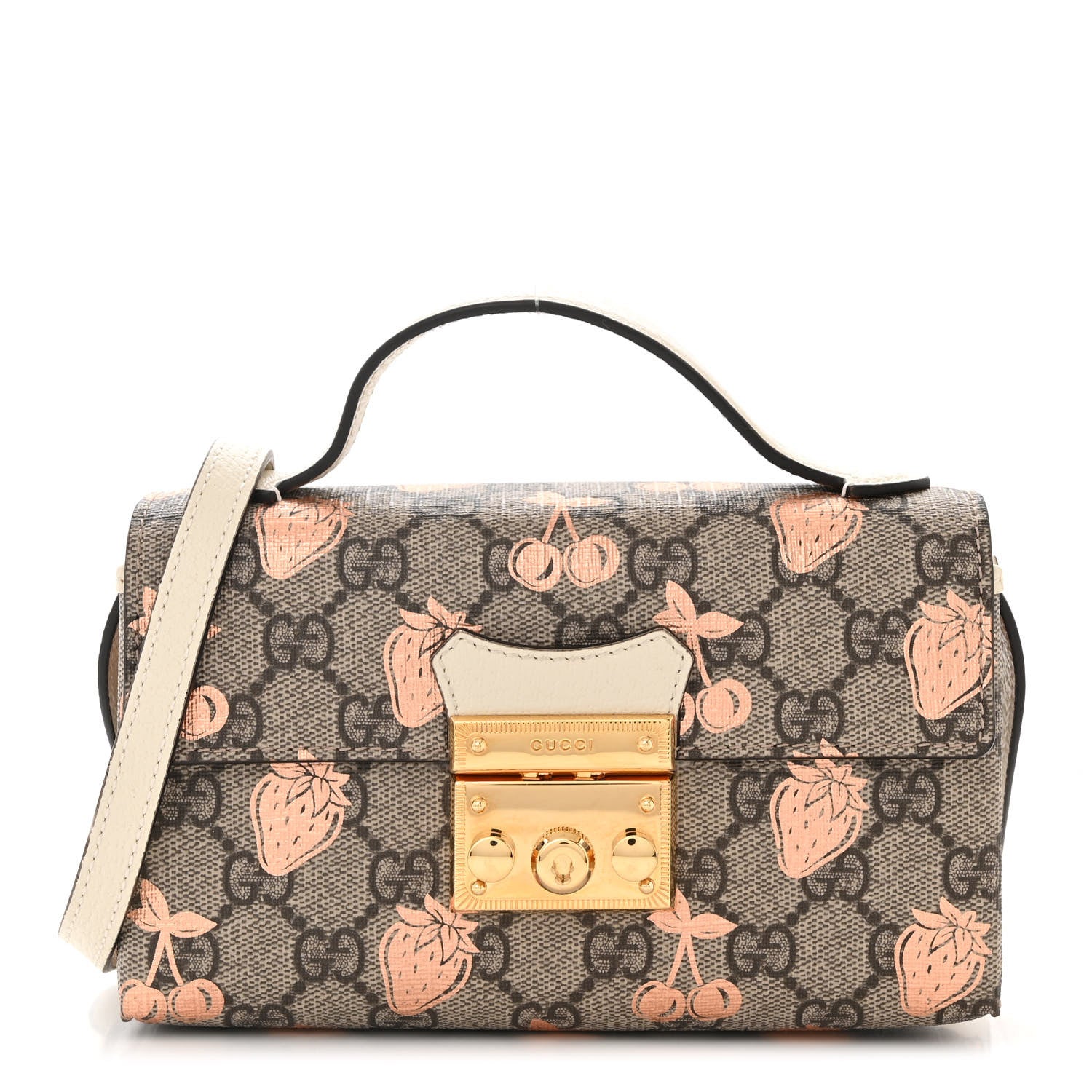 Gucci GG Supreme Monogram Berry Textured Dollar Calfskin Mini Padlock Top Handle Shoulder Bag Beige Ebony Light Copper Mystic White 1 of 11