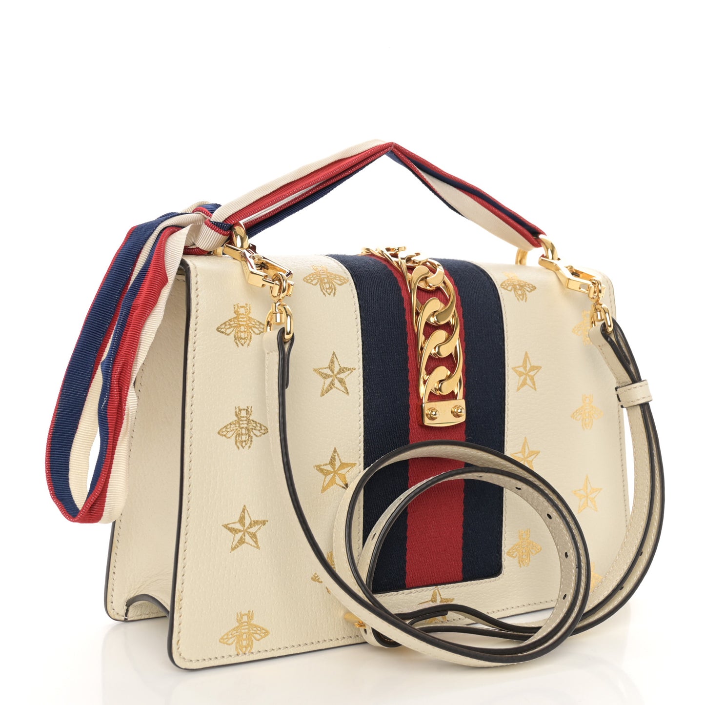 Textured Calfskin Bee Star Print Small Sylvie Shoulder Bag Mystic White