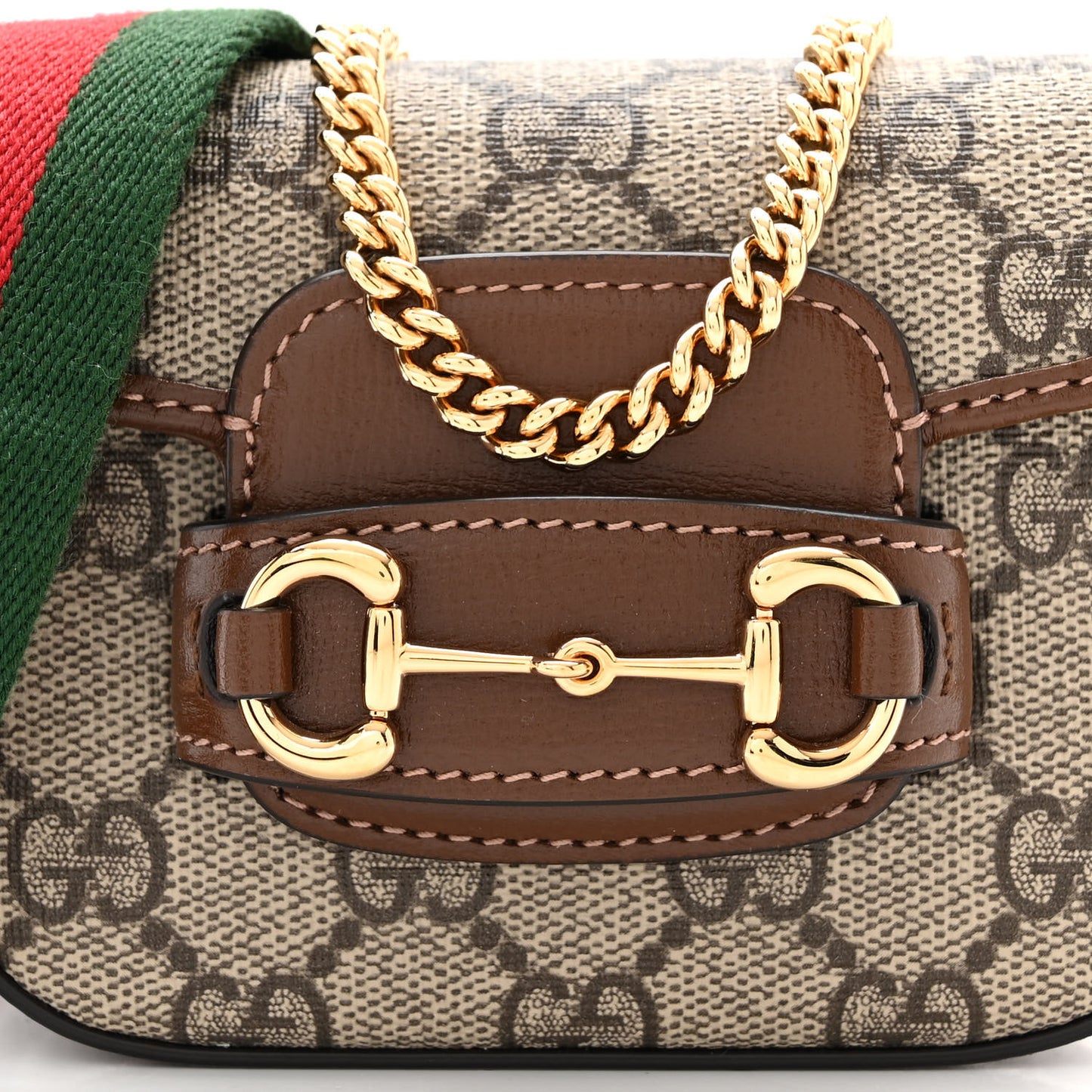 GG Supreme Monogram Azalea Calfskin Web Horsebit 1955 Wallet On Strap Beige Ebony Brown Sugar