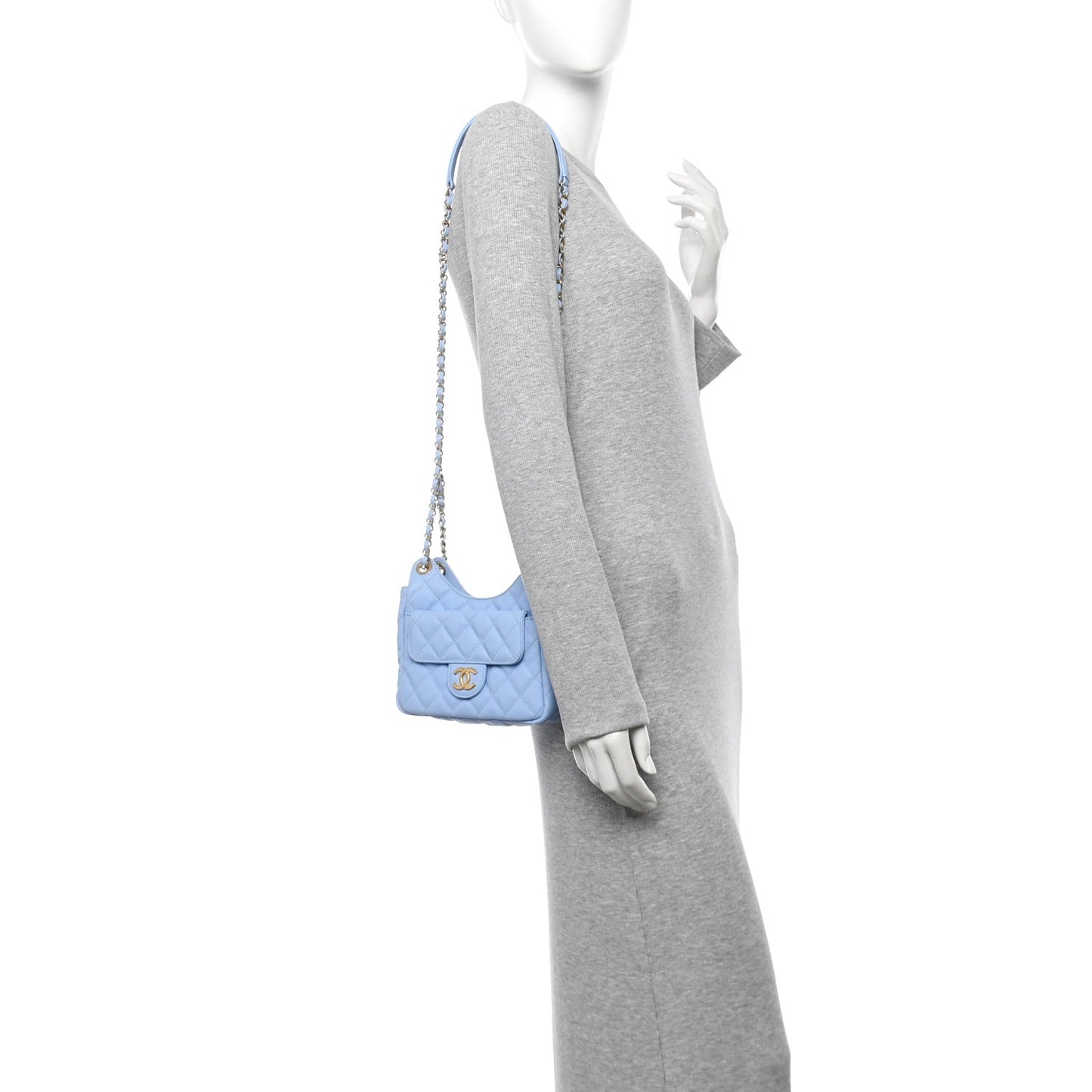 Caviar Quilted Small Wavy CC Hobo Light Blue