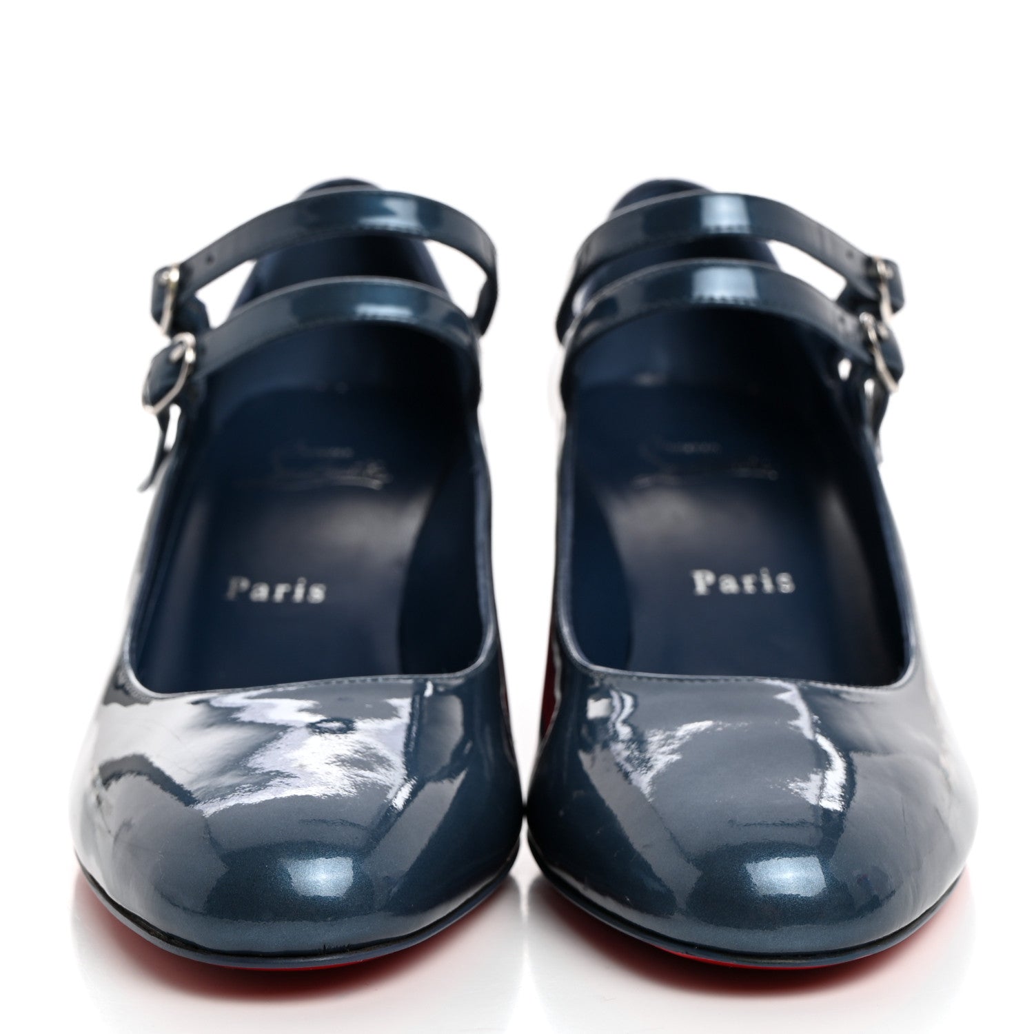 Christian Louboutin Metallic Calfskin Miss Jane Mary Janes 55 Pumps 38.5 Blue Silver 2 of 8