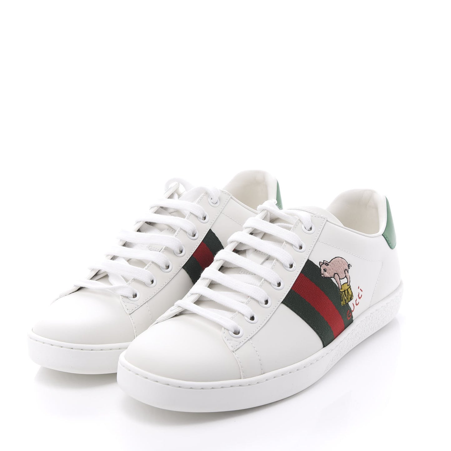 Calfskin Web Pig Kitten Embroidered Womens Ace Sneakers 37.5 White