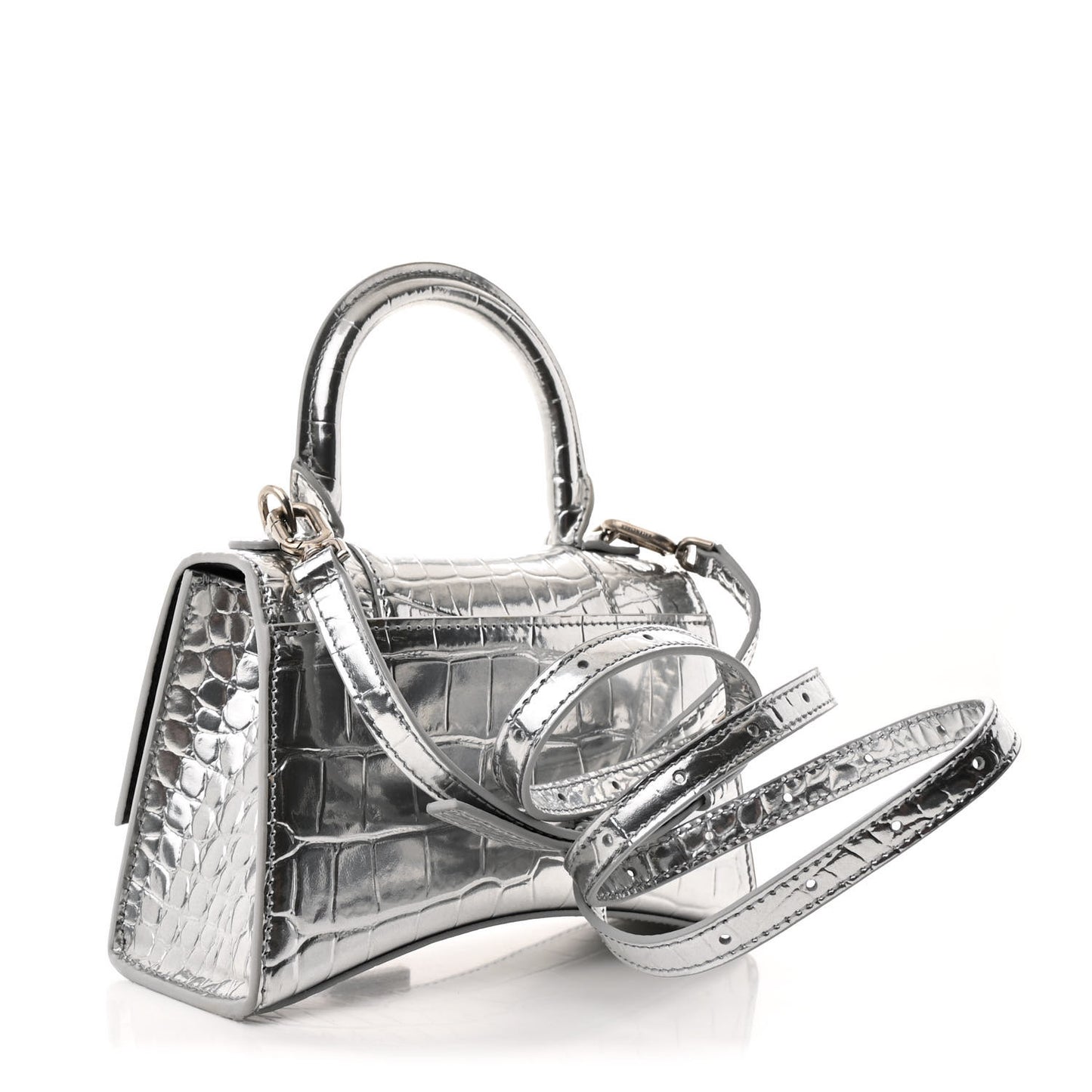 Metallic Calfskin Crocodile Embossed Crystal Hourglass Top Handle Bag XS Silver
