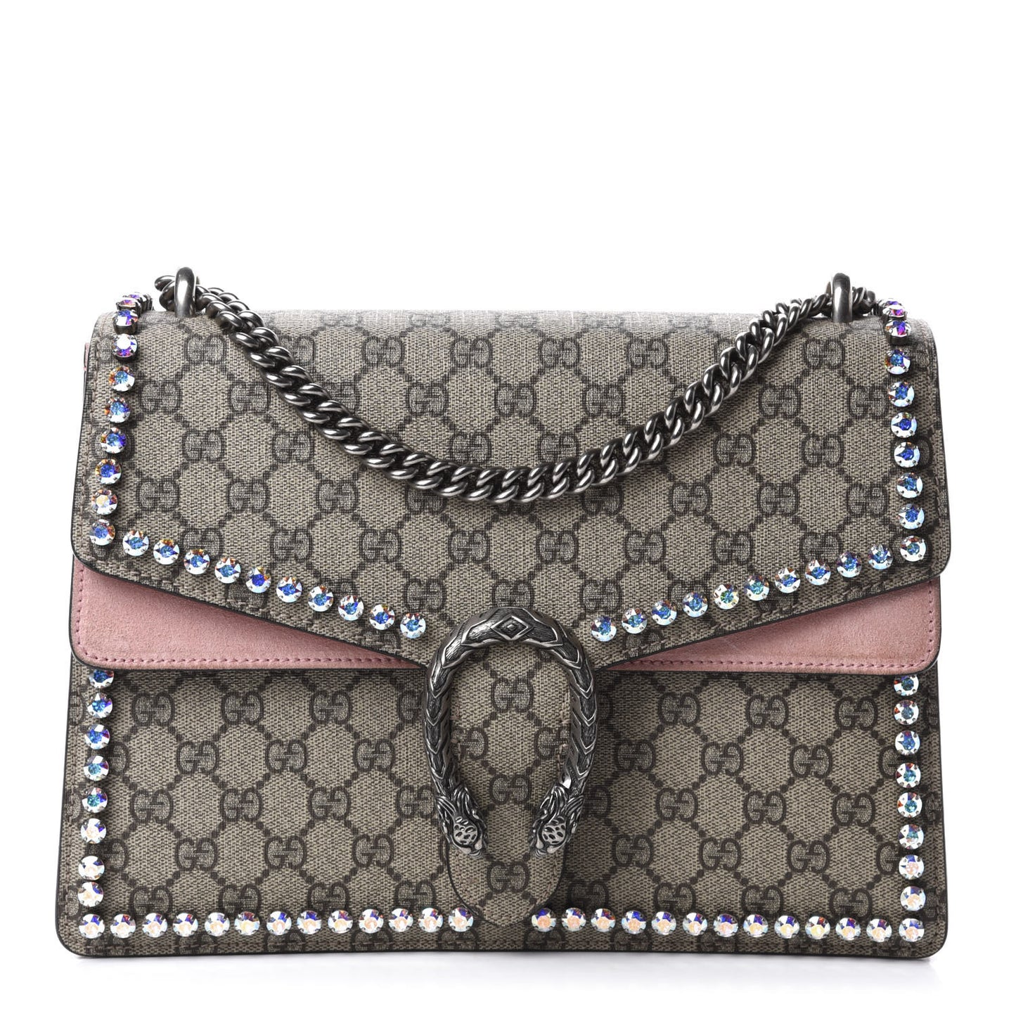 GG Supreme Monogram Suede Crystal Medium Dionysus Shoulder Bag Beige Ebony Light Peonia