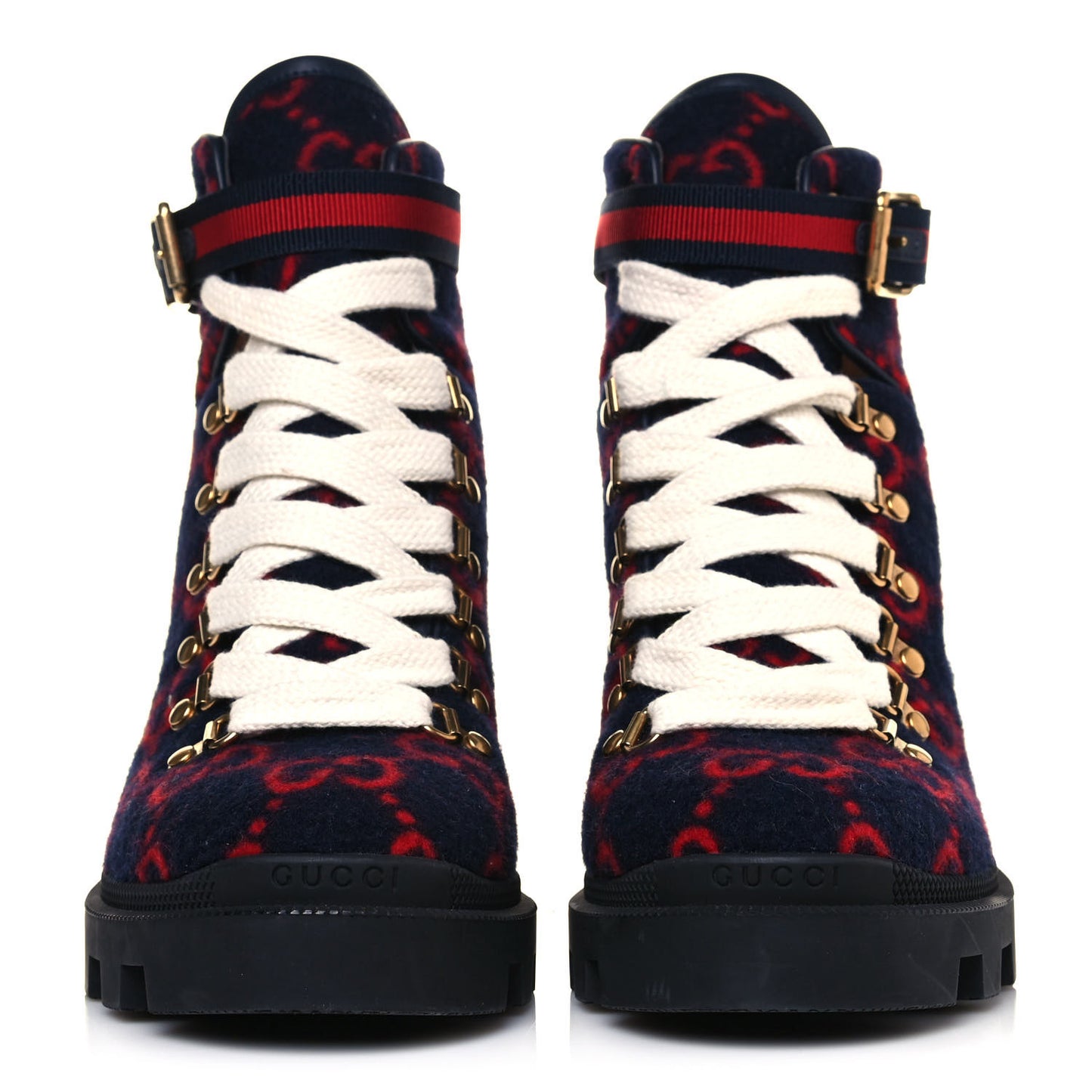 Covered Wool Big GG Monogram Womens Lace Up Combat Ankle Boots 38.5 Blue Red