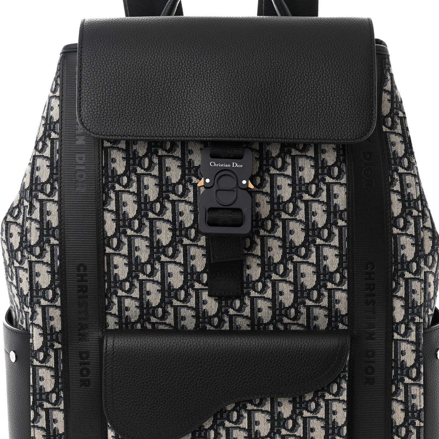 Oblique Jacquard Grained Calfskin Saddle Backpack With Flap Beige Black
