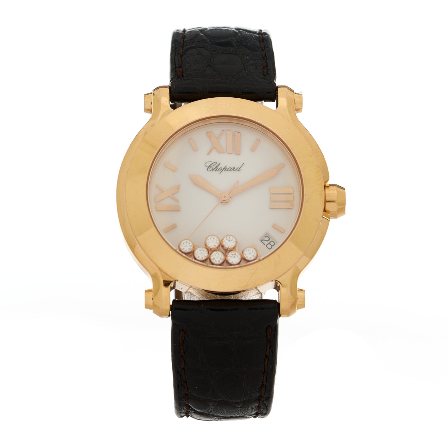 18K Rose Gold Alligator 7 Diamond 36mm Happy Sport Quartz Watch