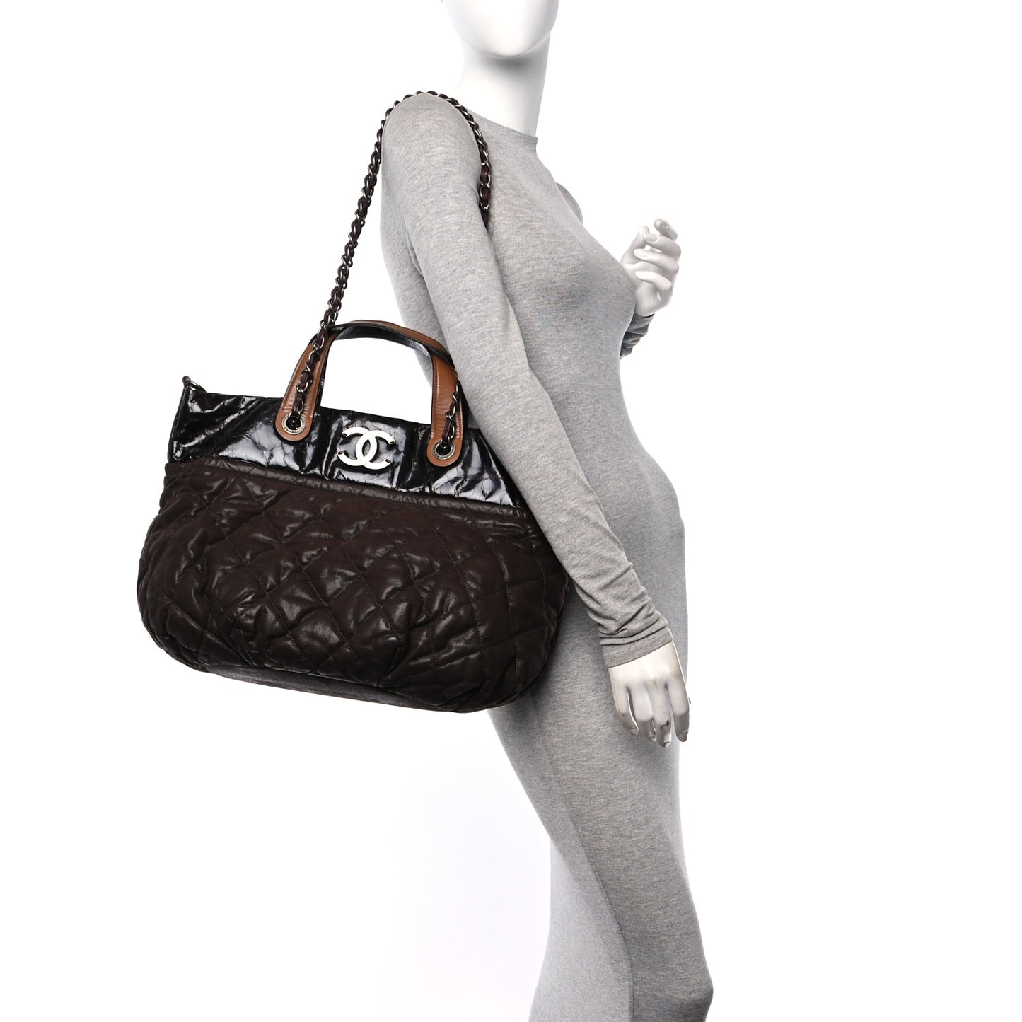Iridescent Calfskin Quilted Large In The Mix Tote Dark Brown