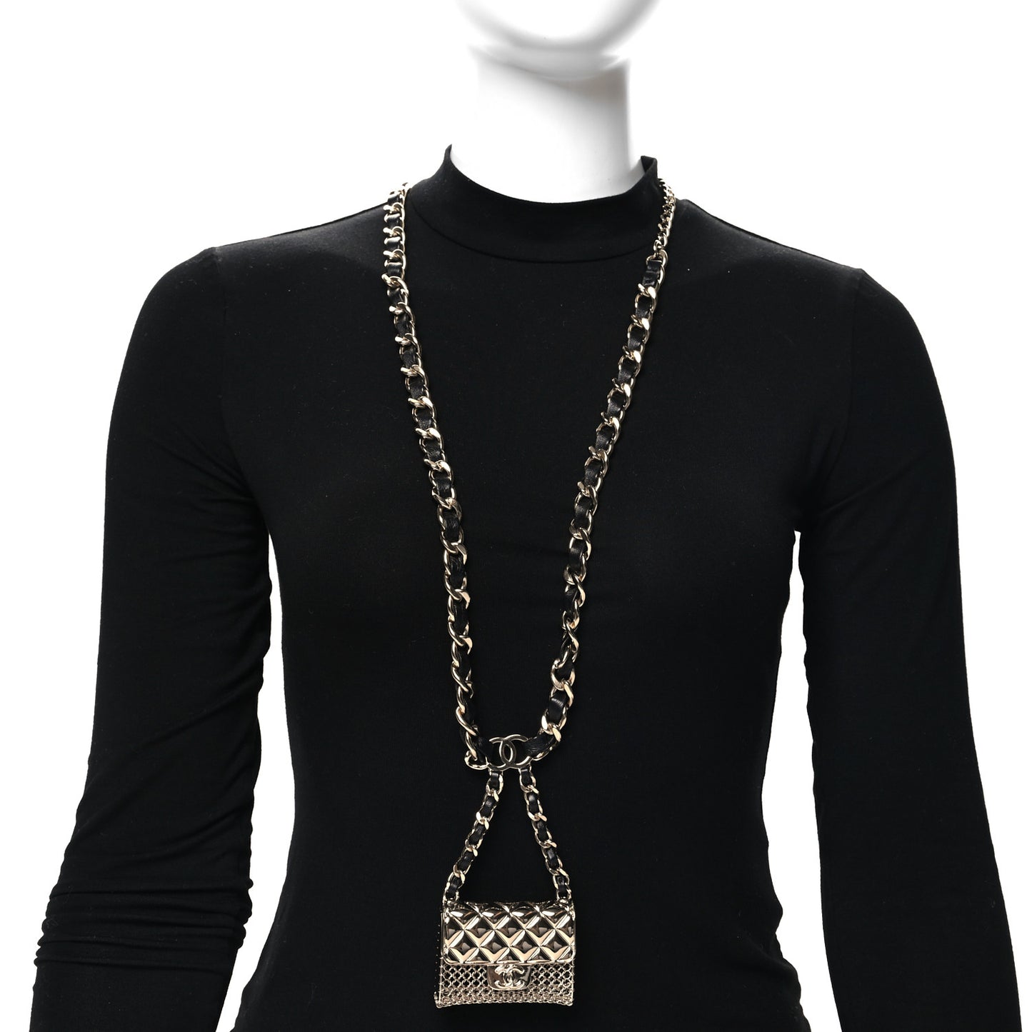 Metal Lambskin Chain Flap Bag Long Necklace Gold Black