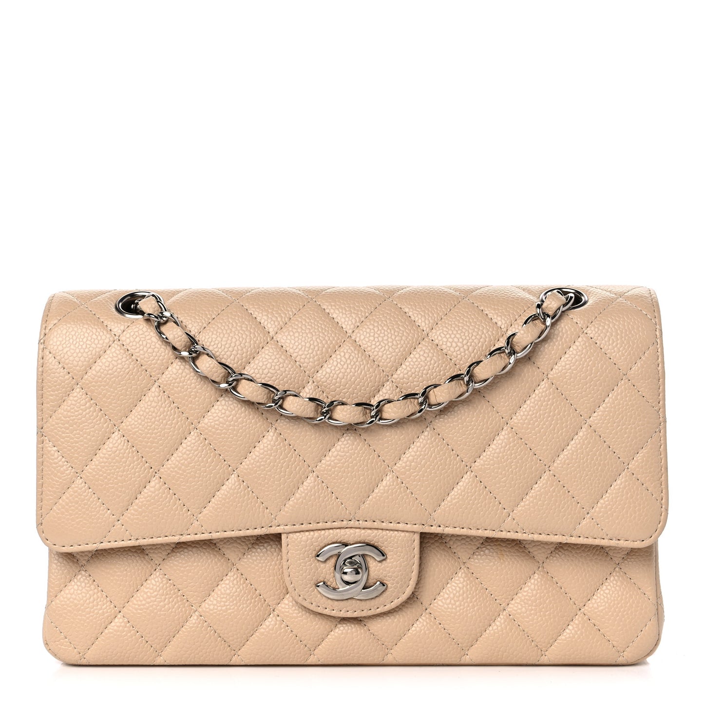 Caviar Quilted Medium Double Flap Beige