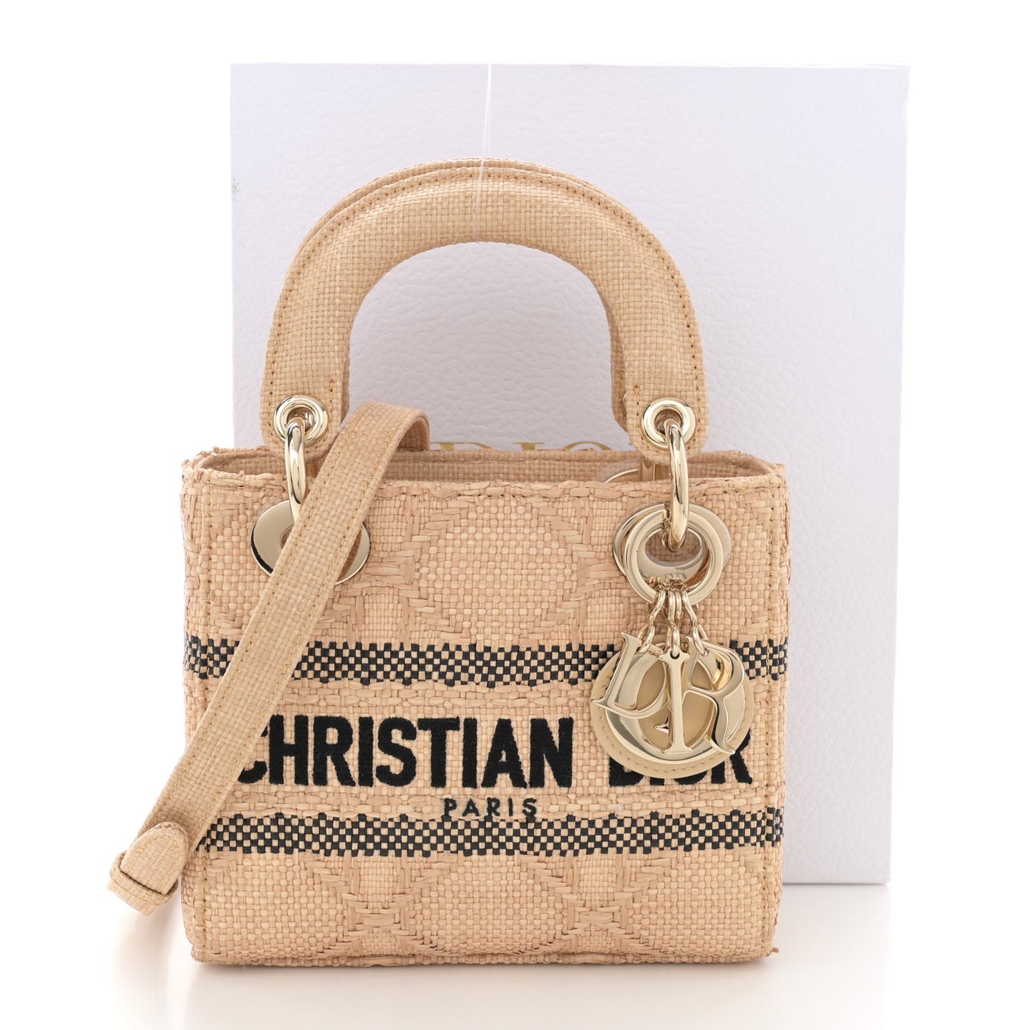 Raffia Woven Cannage Embroidered Mini Lady D-Lite Natural Black