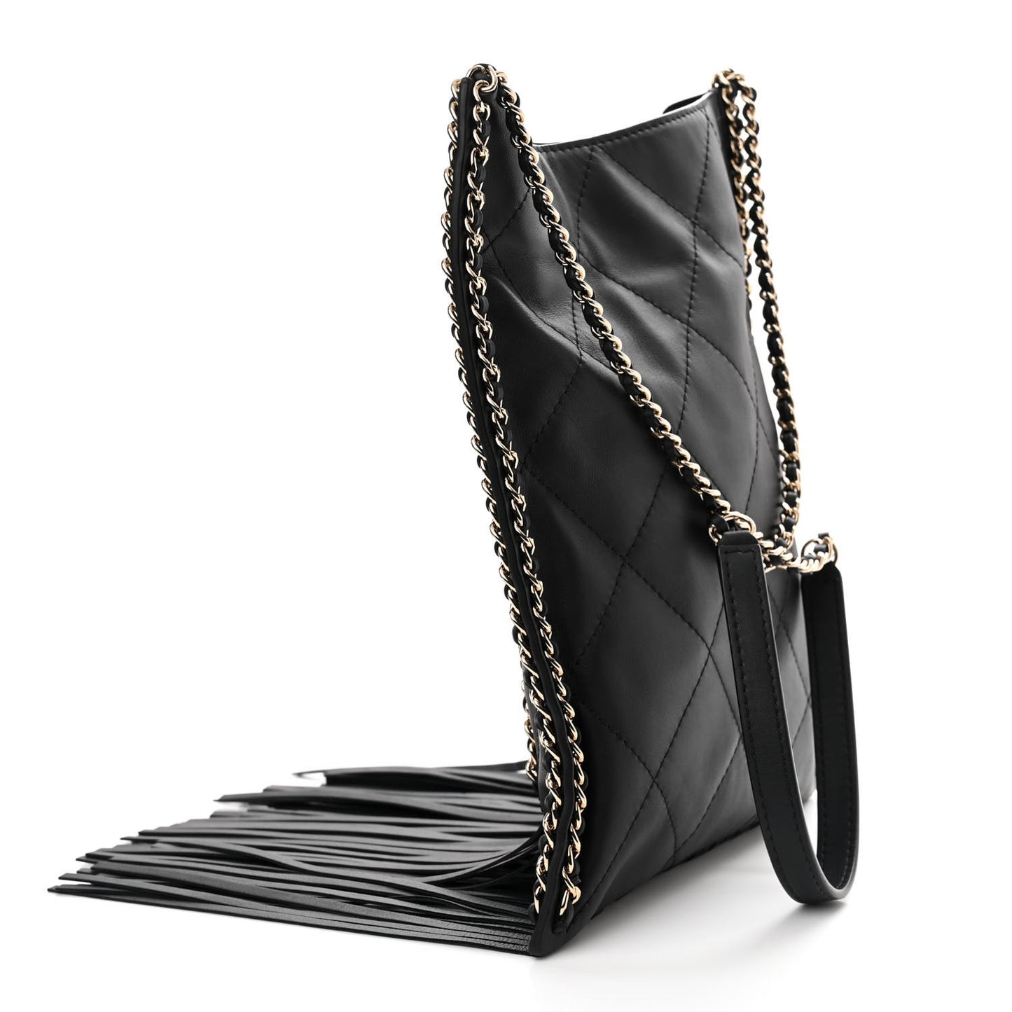 Calfskin Quilted Fringe Small Shopping Bag Black