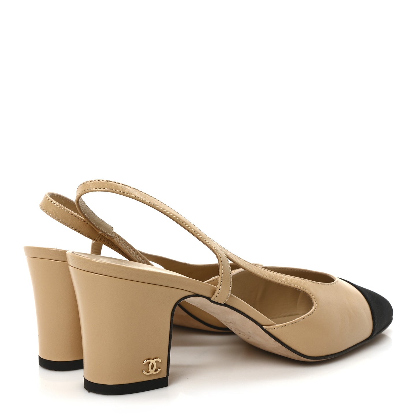 Goatskin Grosgrain Cap Toe CC Slingback Pumps 37 Beige Black