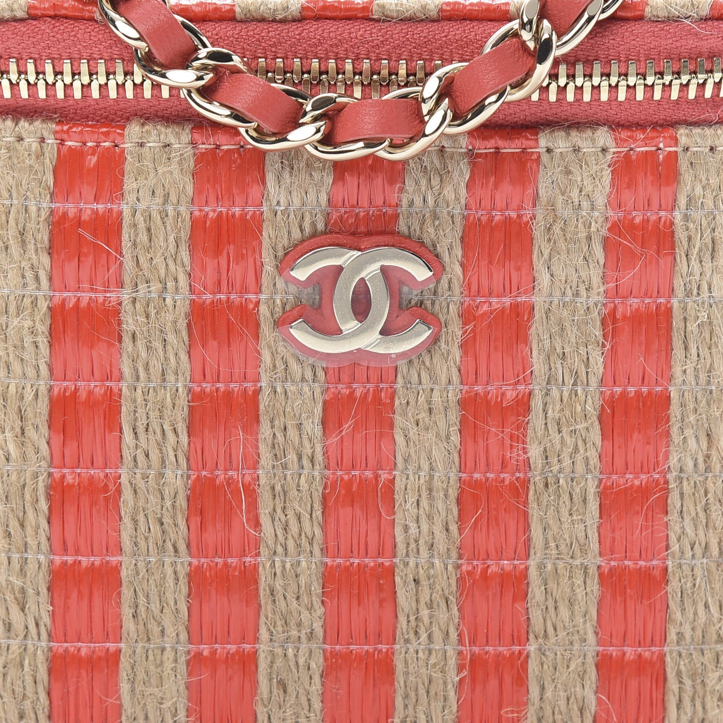 Raffia Jute Striped Mini Vanity Case With Chain Red Beige
