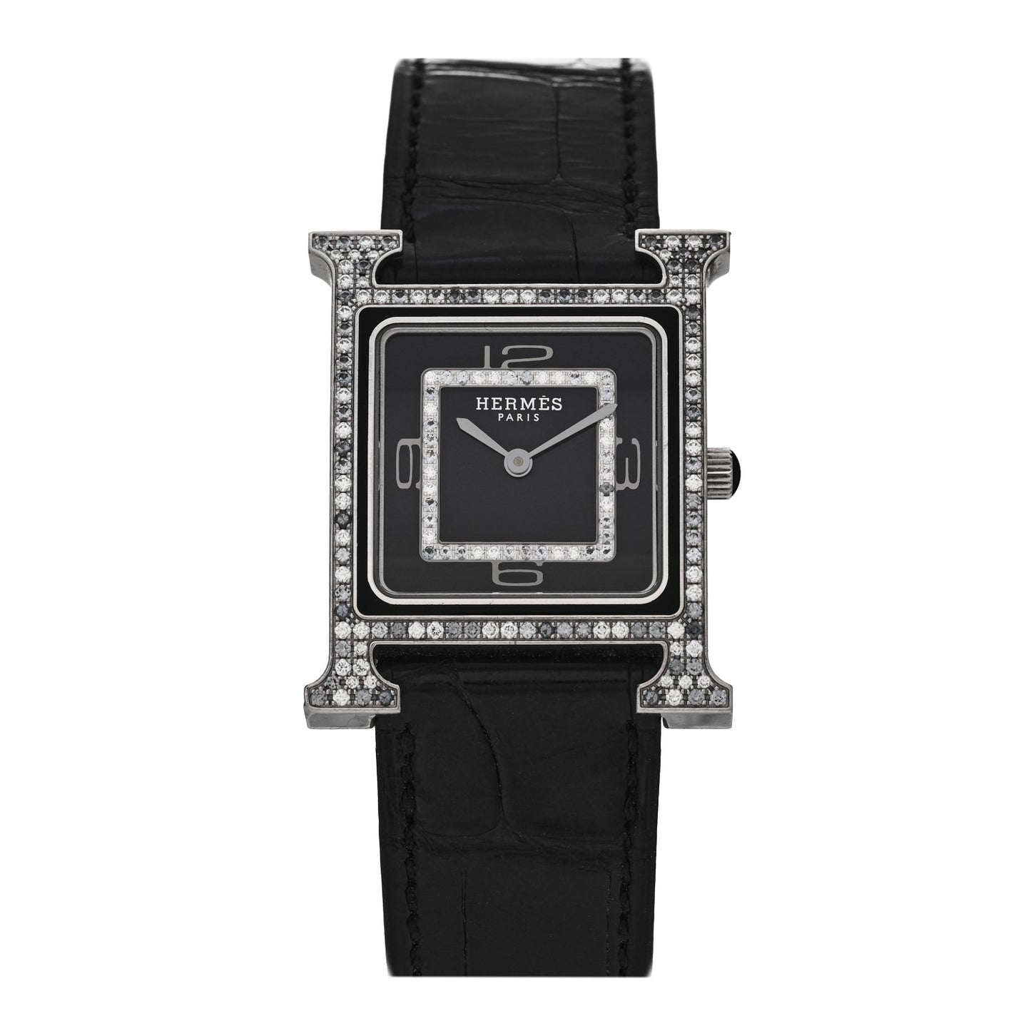 18K White Gold Alligator Diamond Grey Sapphire 26mm Heure H Hour Quartz Watch Noir