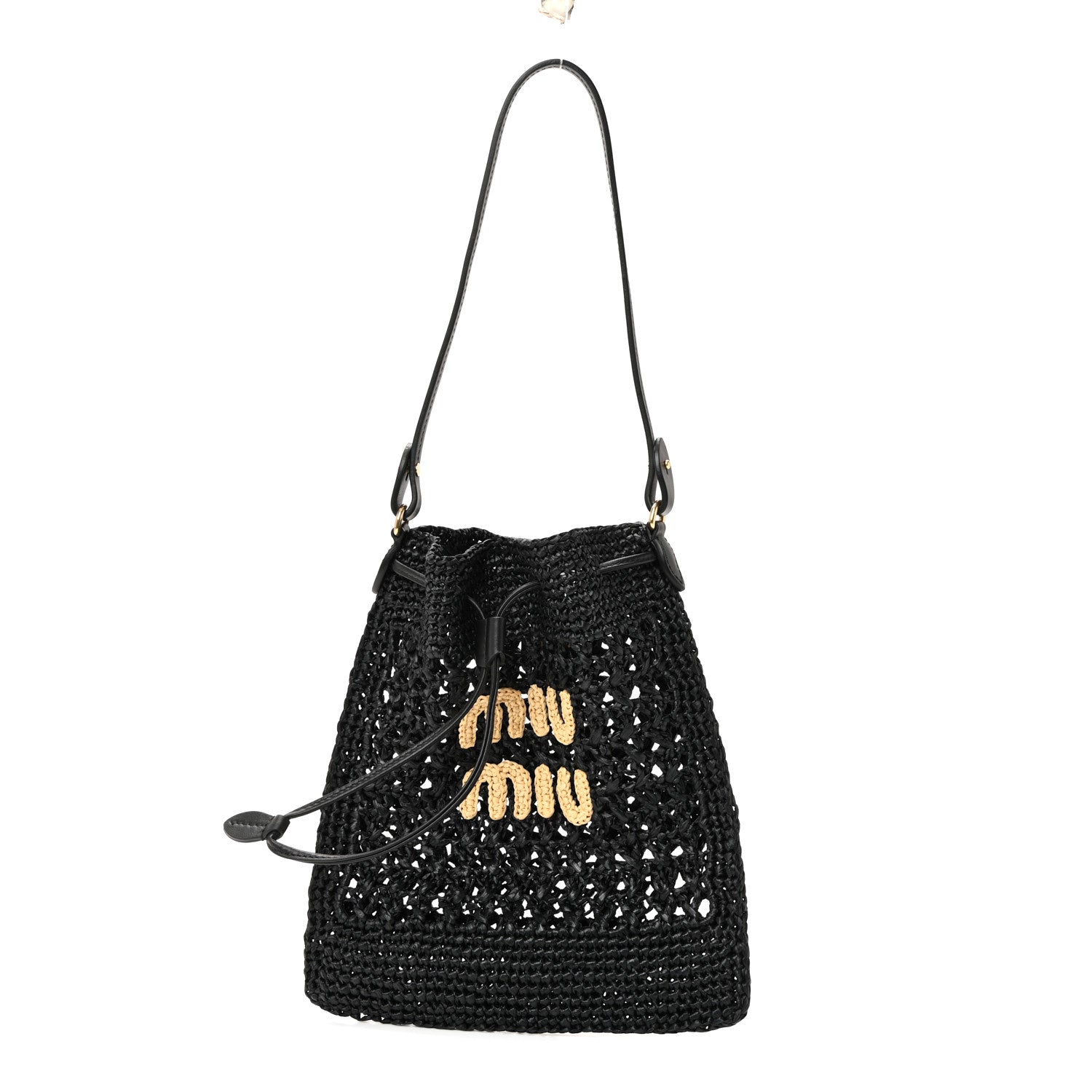 Miu Miu Raffia Crochet Drawstring Pouch Black Naturale 1818603