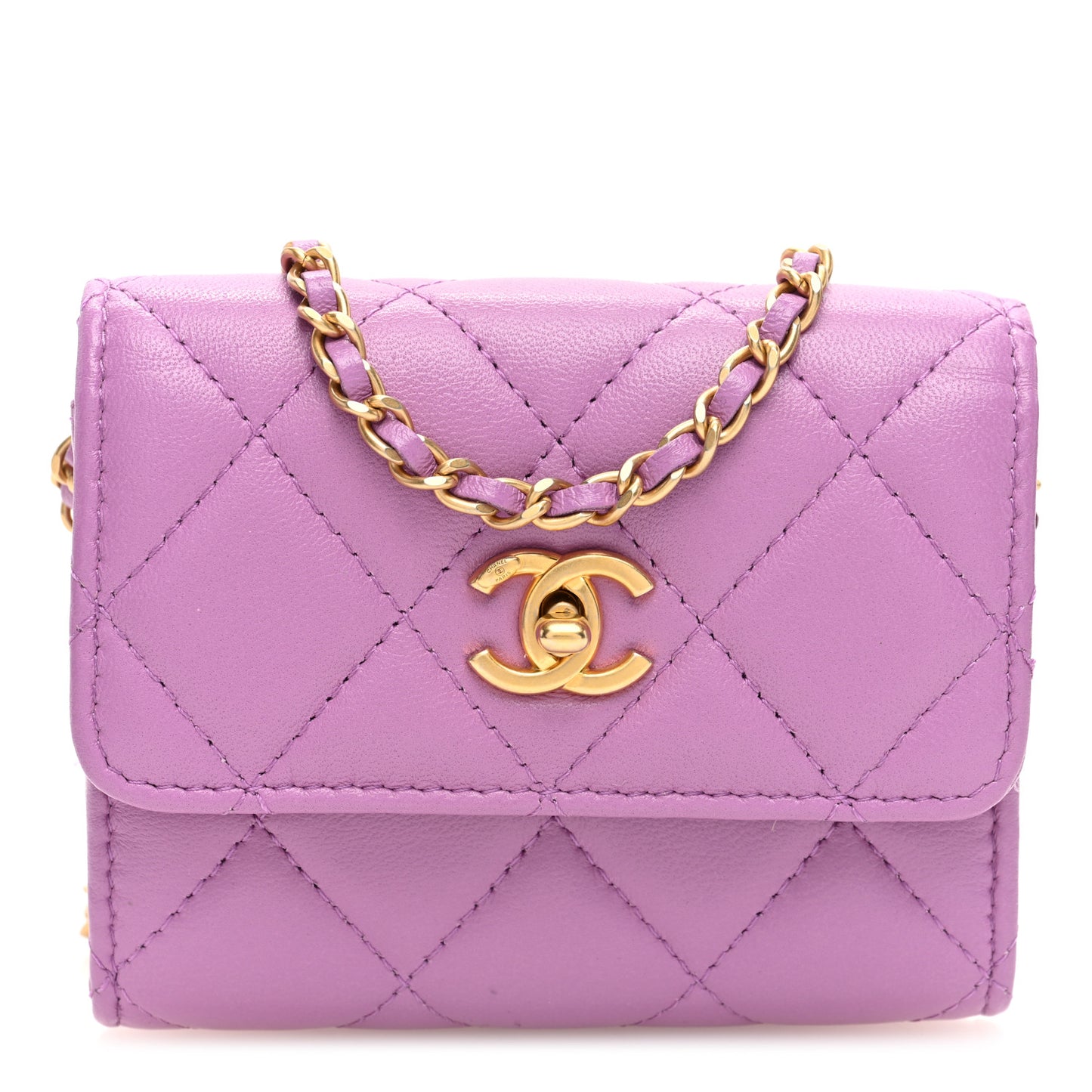 Lambskin Quilted Pearl Crush Clutch With Chain Purple
