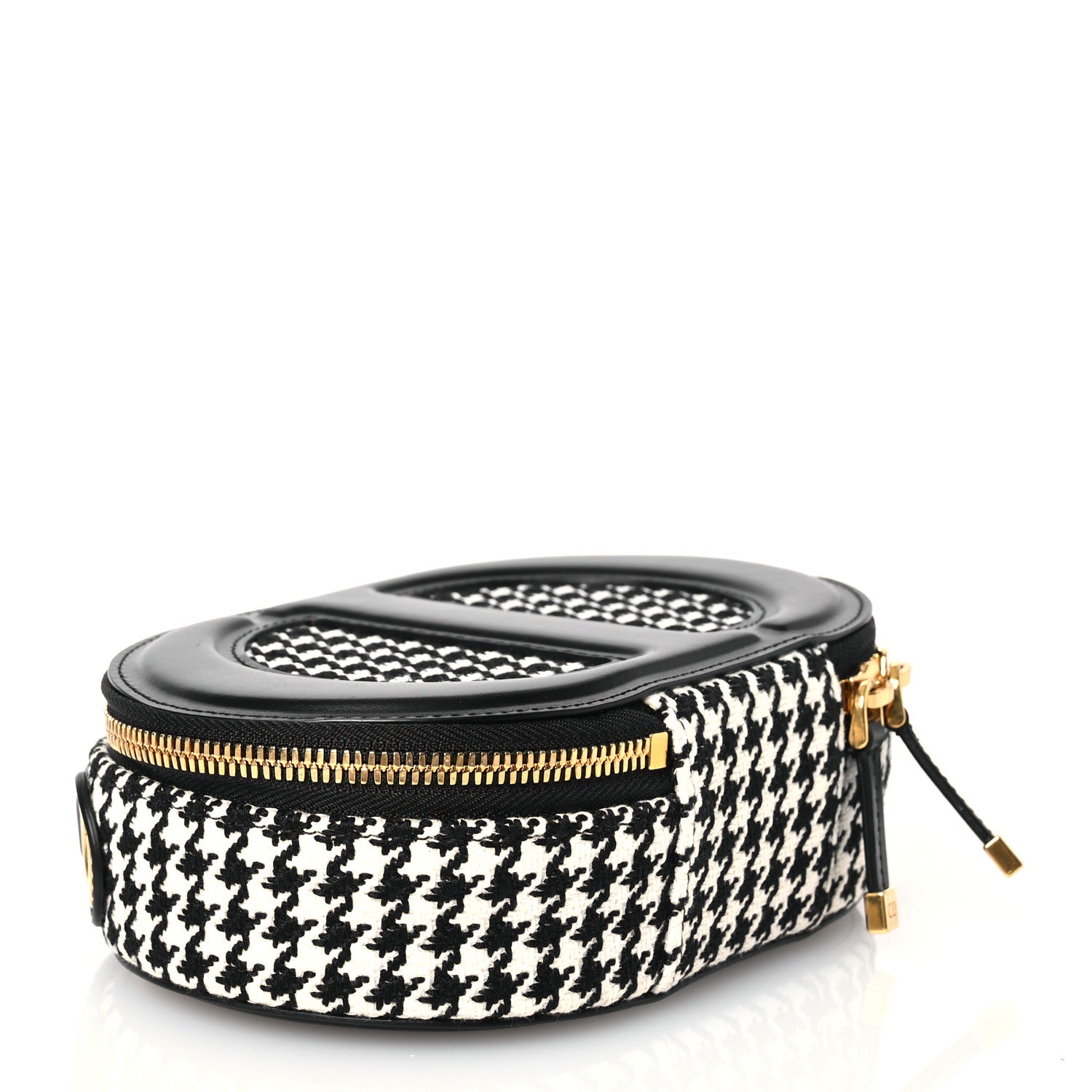 Christian Dior Calfskin Canvas Houndstooth Embroidered CD Signature Oval Crossbody Camera Bag Black White 4 of 11