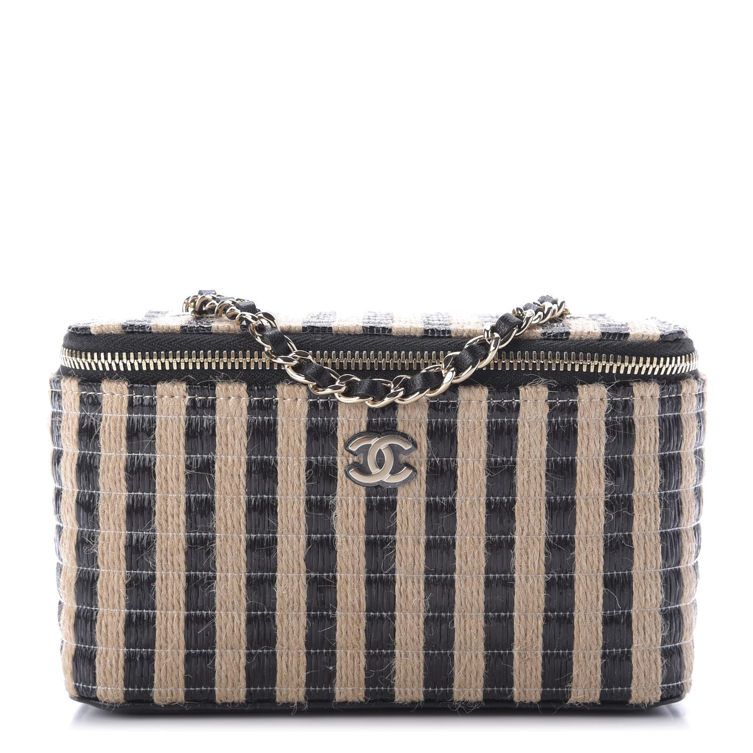 Chanel Raffia Jute Striped Small Vanity Case With Chain Black Beige 1 of 9